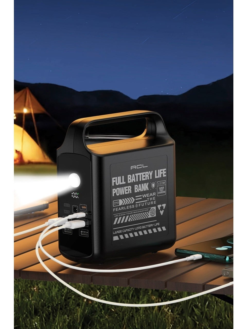 PW-155 100.000mAh Taşınabilir Enerji İstasyonu Powerbank 22.5W Hızlı Şarj Dahili Lightning Type-C Kablolu 4 USB Dijital Ekranlı LED Kamp Feneri