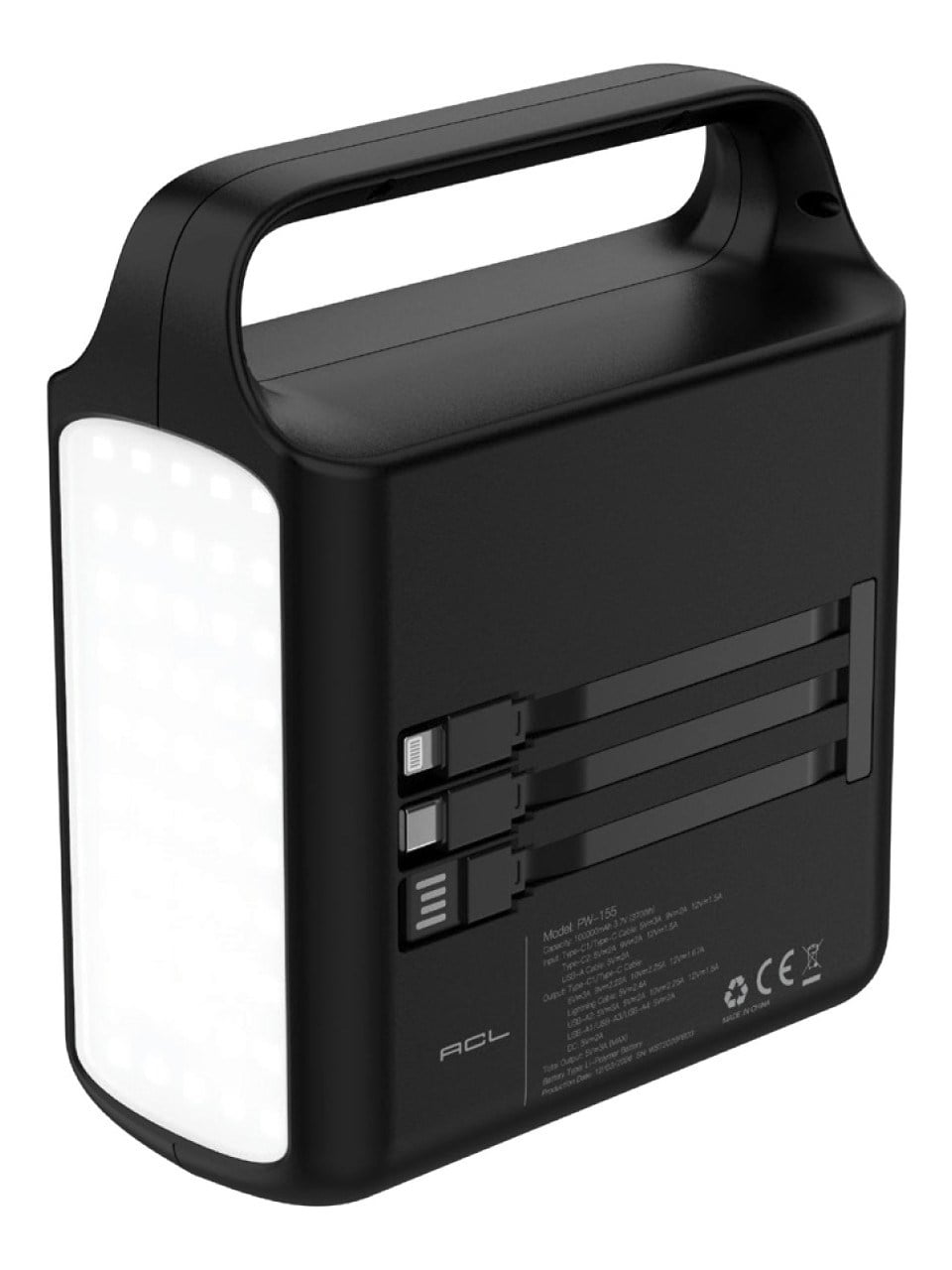 PW-155 100.000mAh Taşınabilir Enerji İstasyonu Powerbank 22.5W Hızlı Şarj Dahili Lightning Type-C Kablolu 4 USB Dijital Ekranlı LED Kamp Feneri