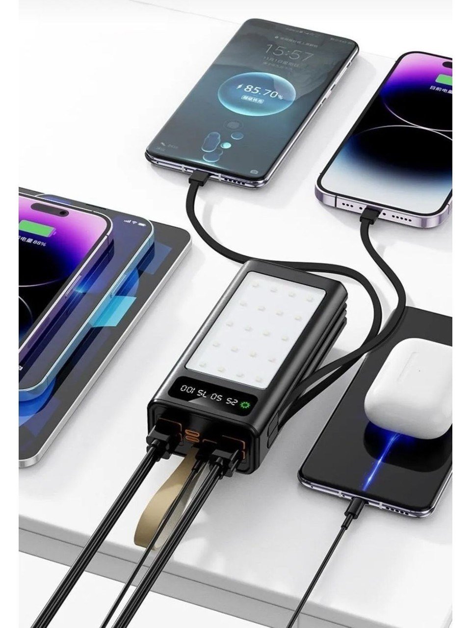 PW-85 30.000 mAh Powerbank LCD Göstergeli 4xUSB Dahili Type-C Lightning Kablolu 20 LED Fenerli Hızlı Şarj