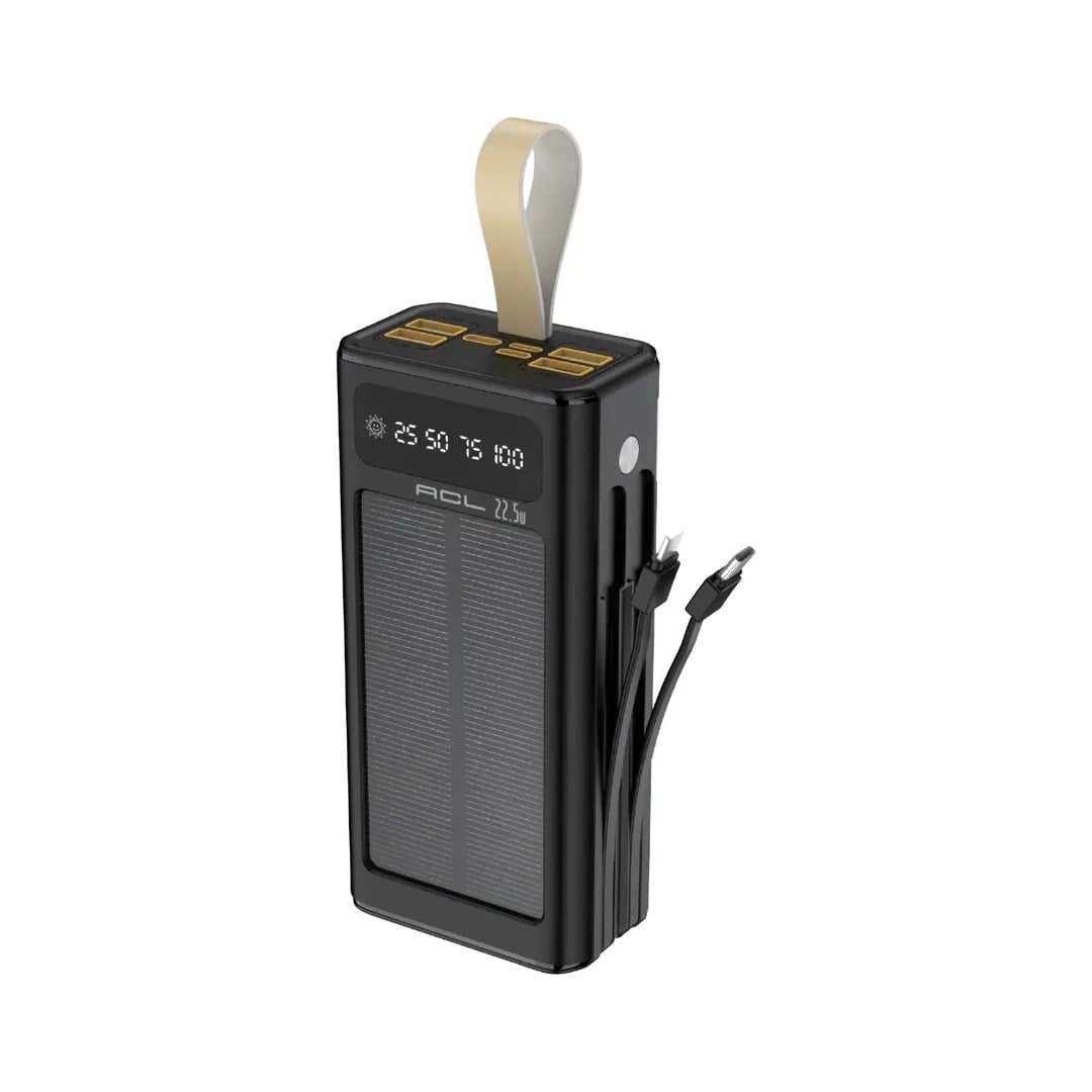 PW-90 30.000 mAh Solar Powerbank 22.5W Hızlı Şarj Type-C Lightning Micro USB Dahili Kablolu LCD Göstergeli LED Fenerli