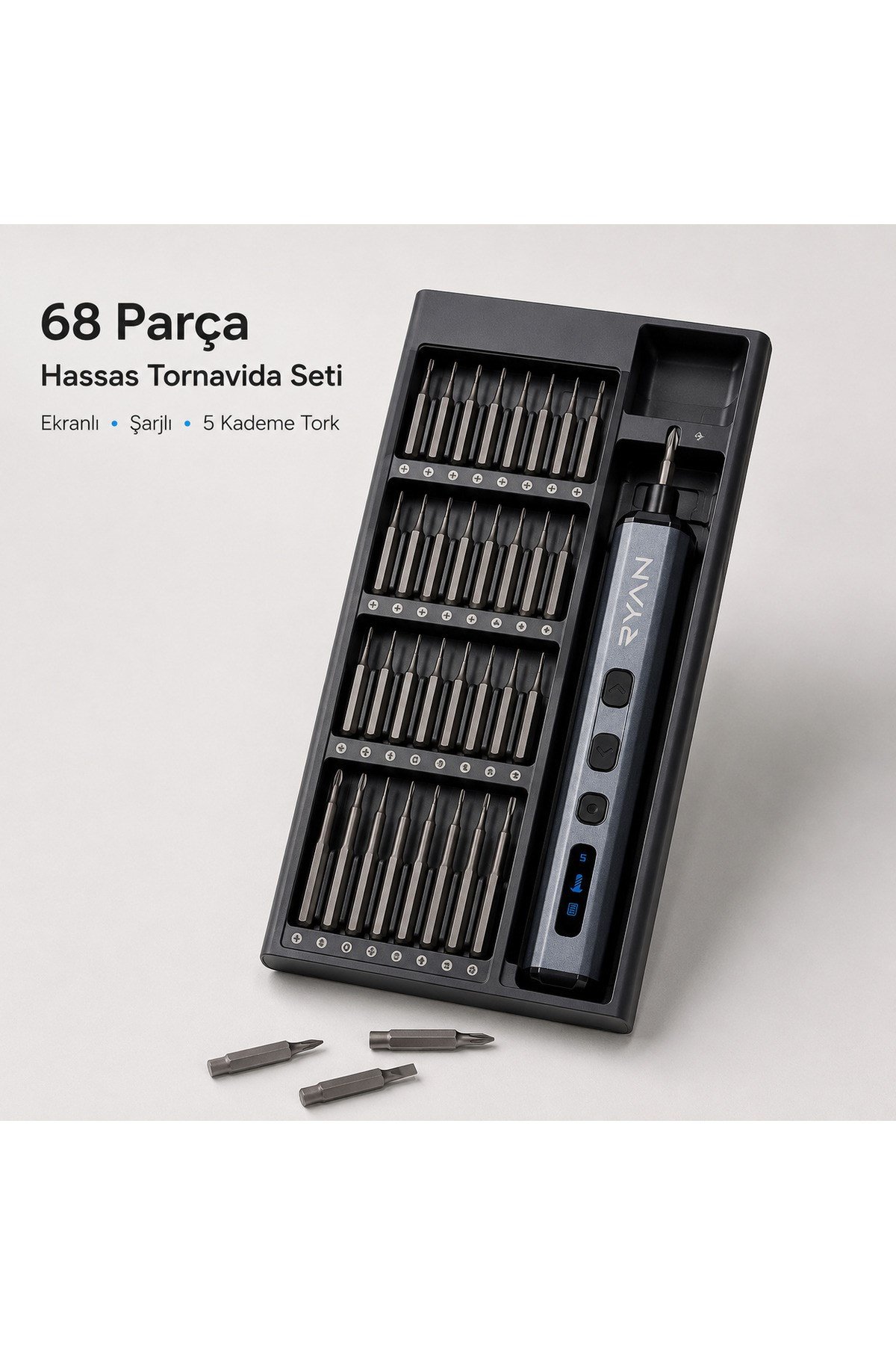 Ryan 68 Parça Elektrikli Hassas Tornavida Seti – Şarjlı, Dijital Ekranlı, 5 Kademe Torklu Telefon Laptop Tamir Kiti