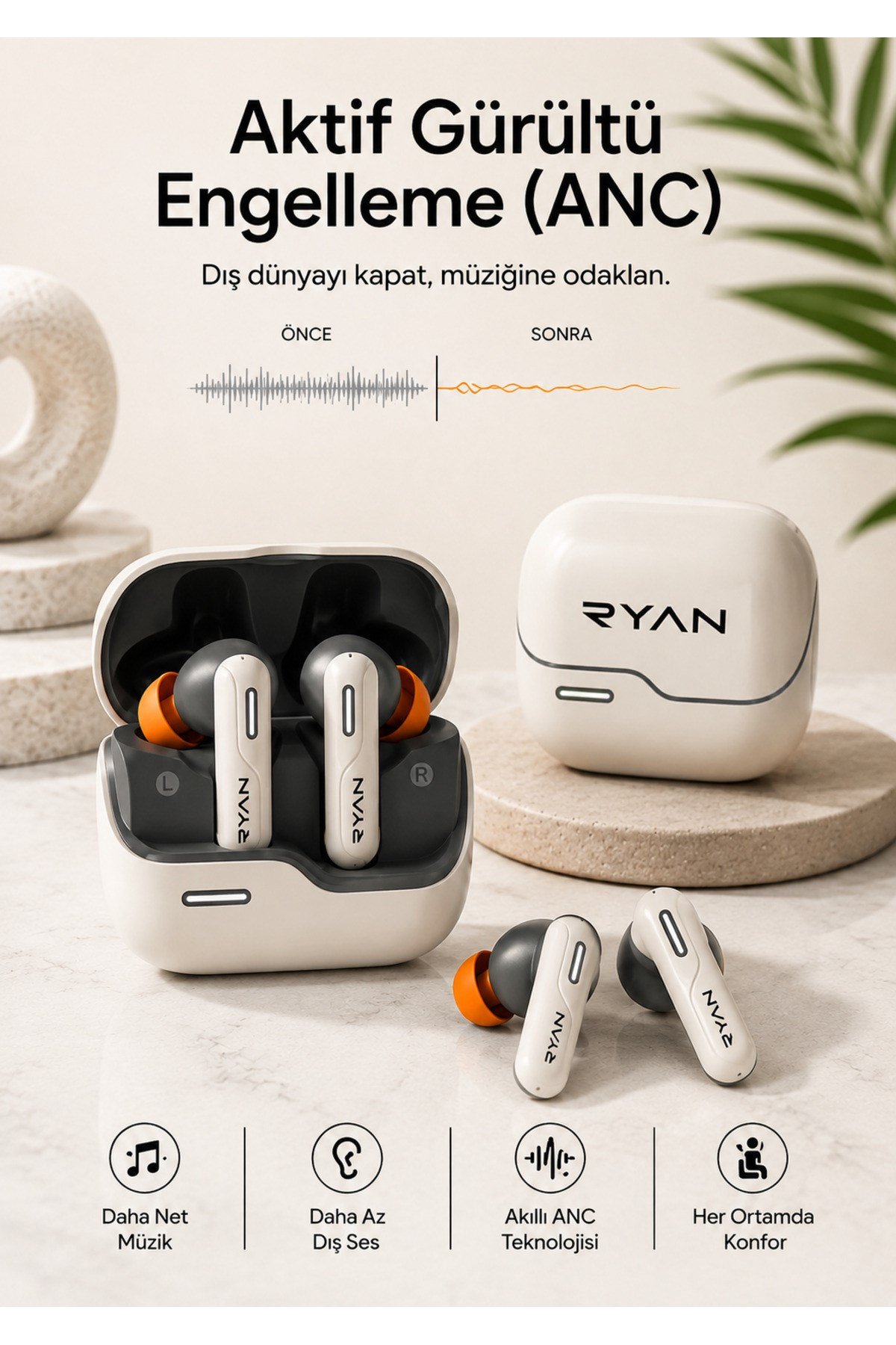 Ryan ANC ENC Kablosuz Bluetooth 5.3 Kulaklık – 4 Mikrofonlu, Gürültü Engelleme, Düşük Gecikmeli Oyun Modu Bej
