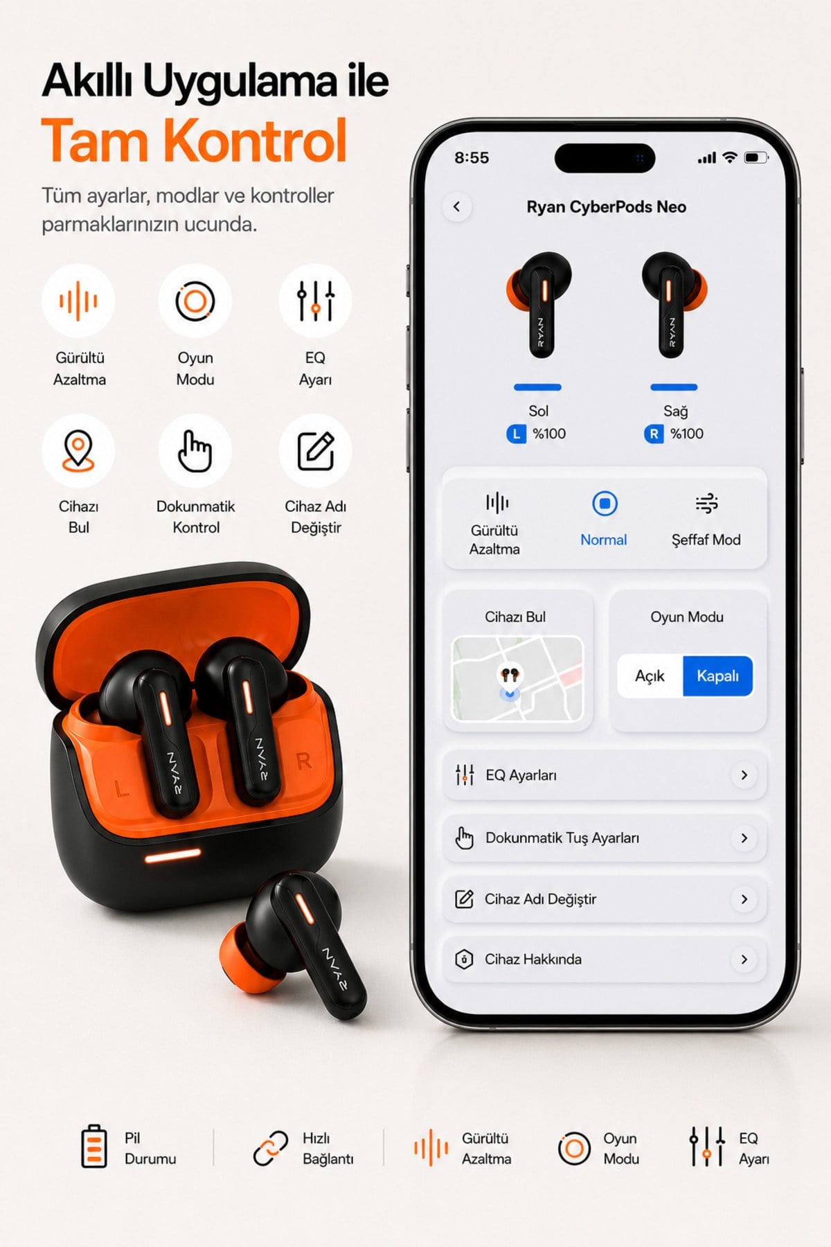 Ryan ANC ENC Kablosuz Bluetooth 5.3 Kulaklık – 4 Mikrofonlu, Gürültü Engelleme, Düşük Gecikmeli Oyun Modu Siyah