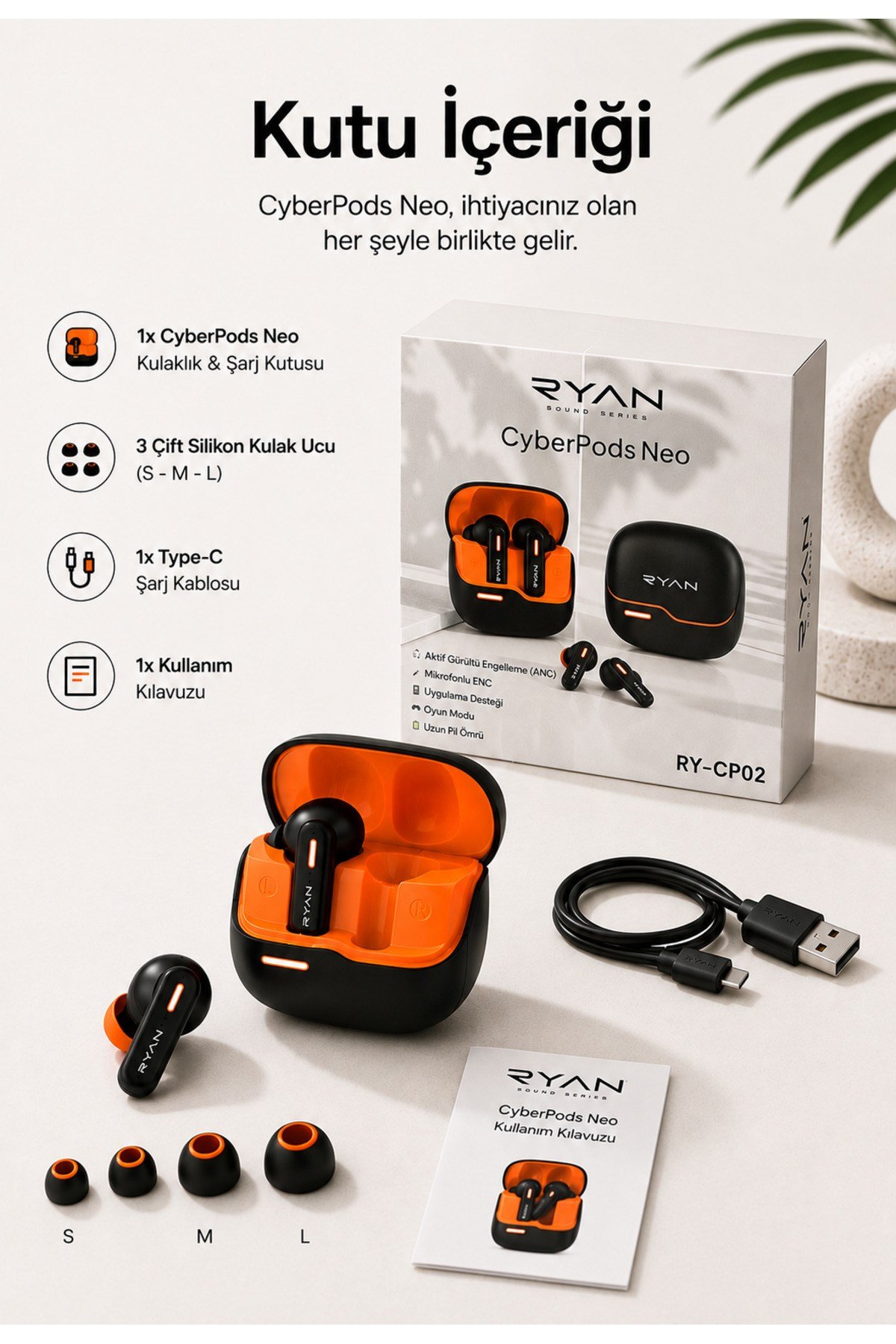 Ryan ANC ENC Kablosuz Bluetooth 5.3 Kulaklık – 4 Mikrofonlu, Gürültü Engelleme, Düşük Gecikmeli Oyun Modu Siyah