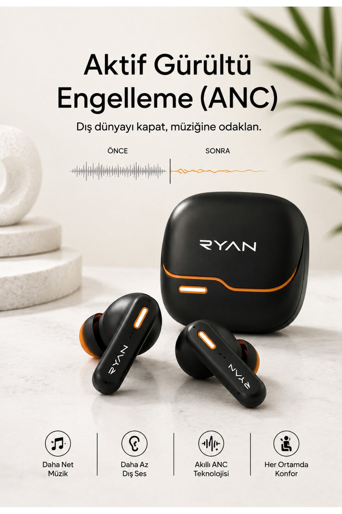 Ryan ANC ENC Kablosuz Bluetooth 5.3 Kulaklık – 4 Mikrofonlu, Gürültü Engelleme, Düşük Gecikmeli Oyun Modu Siyah