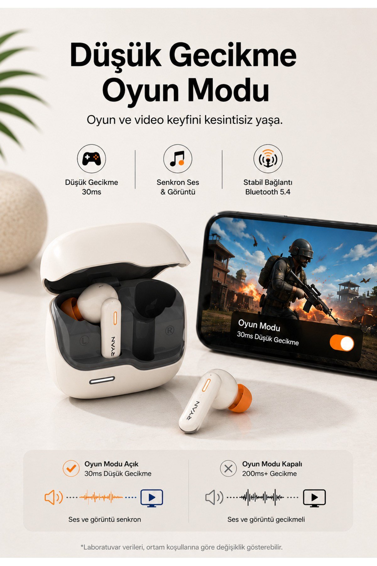 Ryan ANC ENC Kablosuz Bluetooth 5.3 Kulaklık – 4 Mikrofonlu, Gürültü Engelleme, Düşük Gecikmeli Oyun Modu Bej