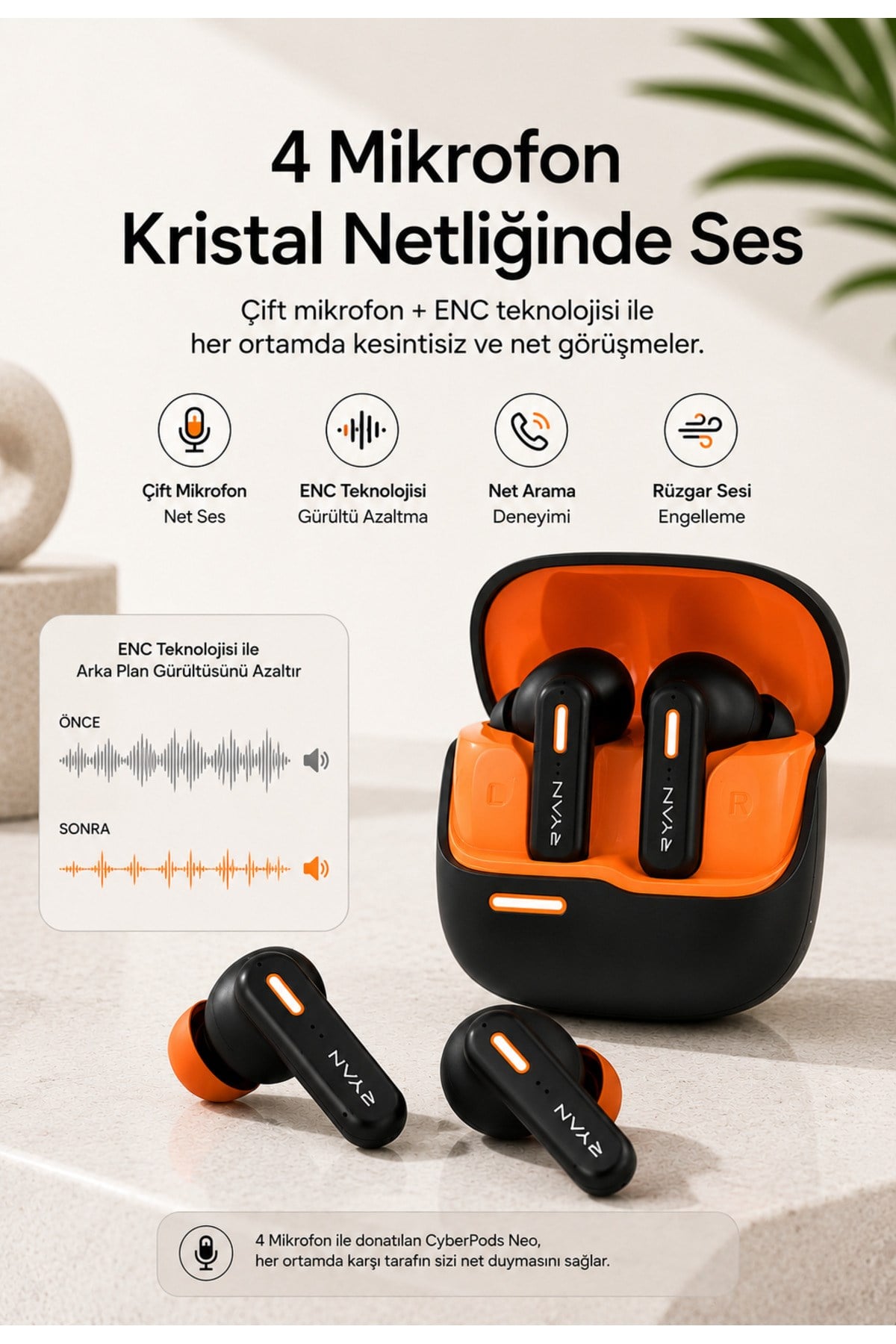Ryan ANC ENC Kablosuz Bluetooth 5.3 Kulaklık – 4 Mikrofonlu, Gürültü Engelleme, Düşük Gecikmeli Oyun Modu Siyah