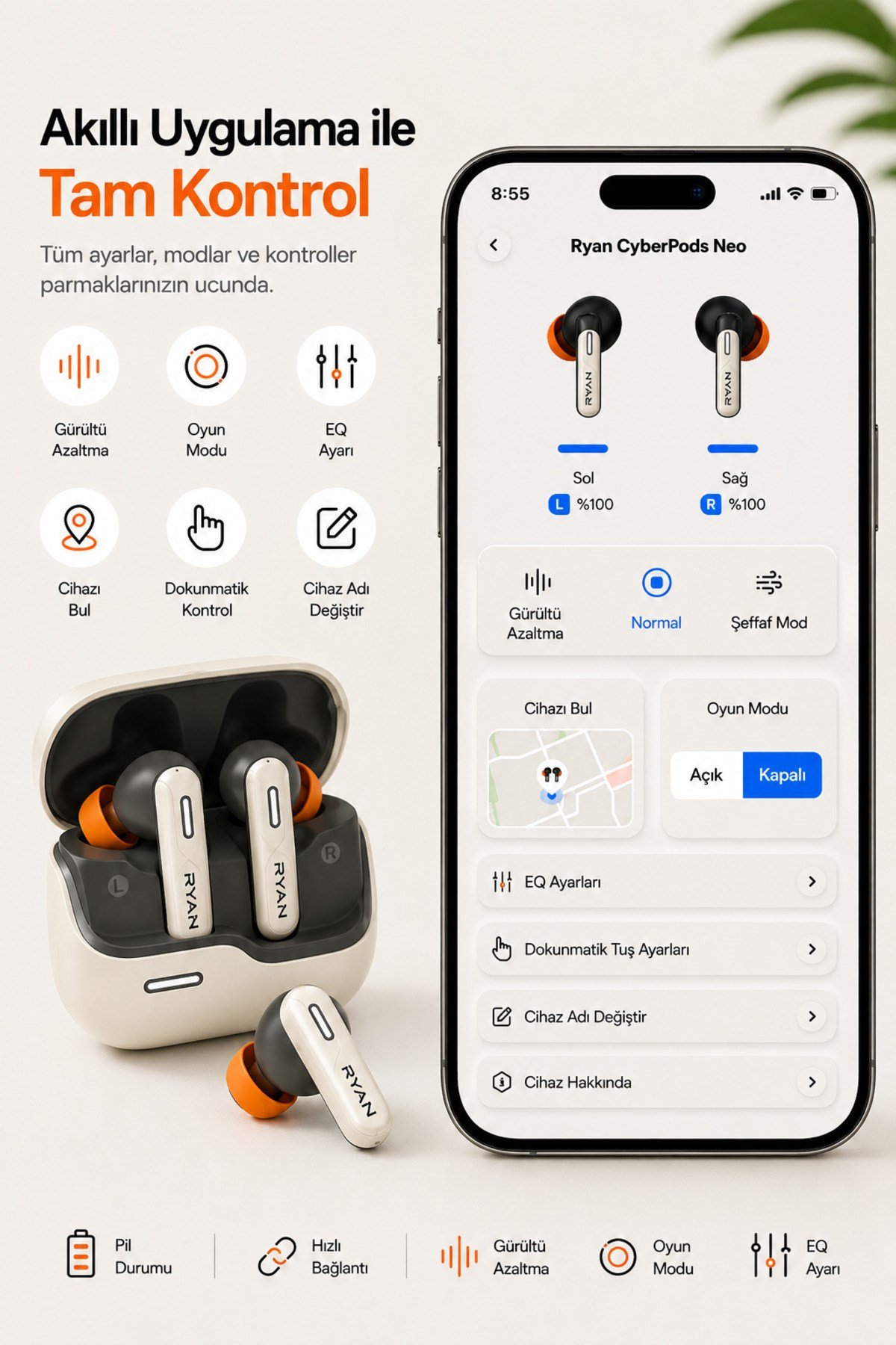 Ryan ANC ENC Kablosuz Bluetooth 5.3 Kulaklık – 4 Mikrofonlu, Gürültü Engelleme, Düşük Gecikmeli Oyun Modu Bej