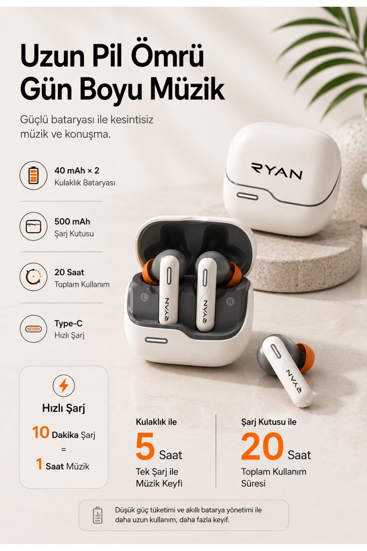 Ryan ANC ENC Kablosuz Bluetooth 5.3 Kulaklık – 4 Mikrofonlu, Gürültü Engelleme, Düşük Gecikmeli Oyun Modu Bej