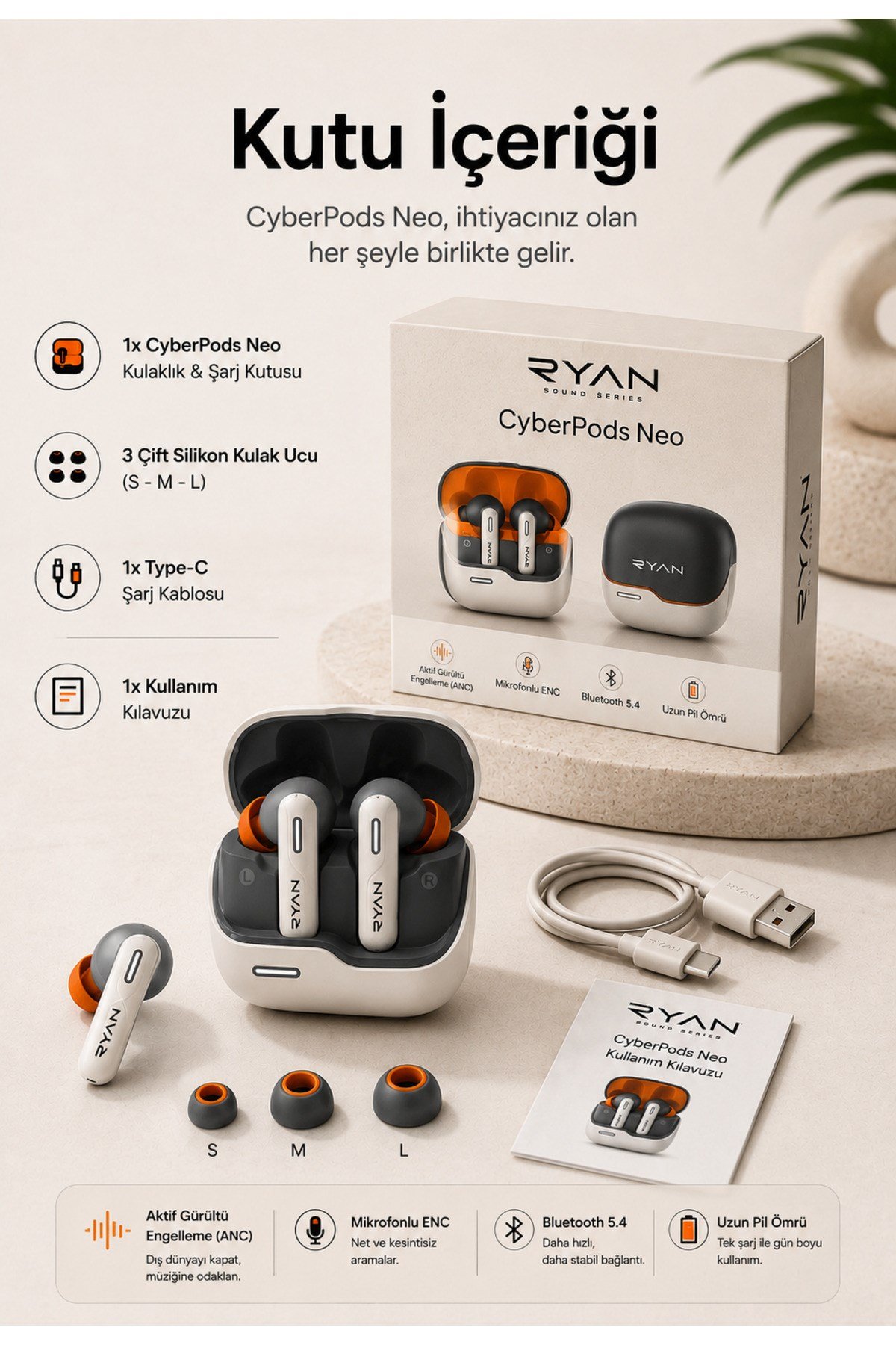Ryan ANC ENC Kablosuz Bluetooth 5.3 Kulaklık – 4 Mikrofonlu, Gürültü Engelleme, Düşük Gecikmeli Oyun Modu Bej