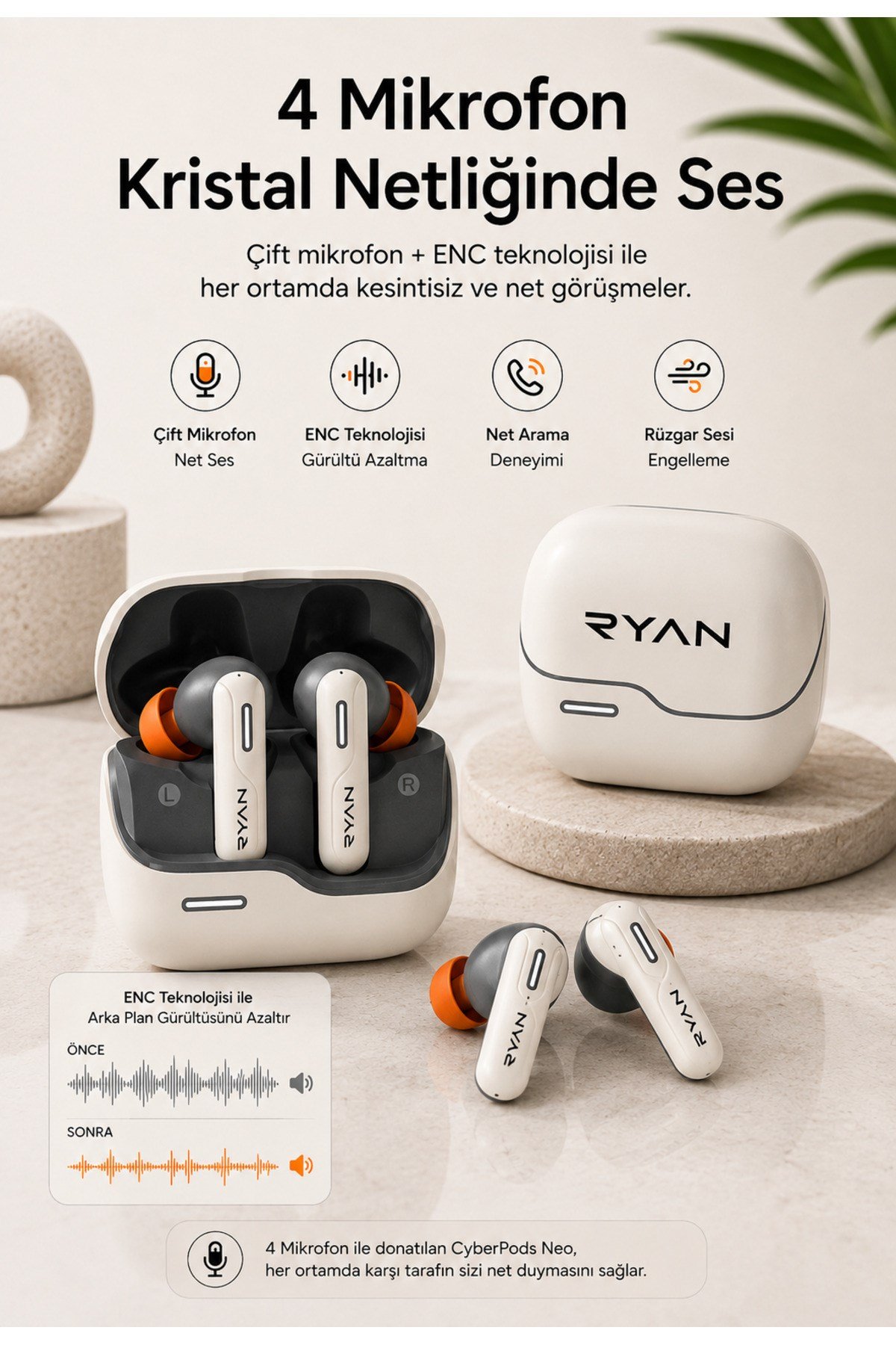 Ryan ANC ENC Kablosuz Bluetooth 5.3 Kulaklık – 4 Mikrofonlu, Gürültü Engelleme, Düşük Gecikmeli Oyun Modu Bej