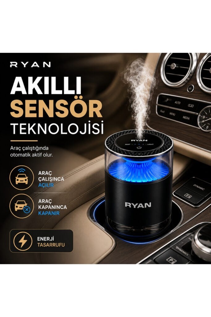 Ryan Cloud Mist Pro Akıllı Araç İçi Koku Difüzörü – Nano Mist, 360° Koku Yayılımı, 7 Renk LED, 800 mAh, 2 Kartuşlu