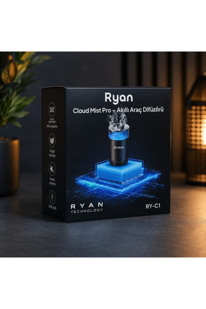 Ryan Cloud Mist Pro Akıllı Araç İçi Koku Difüzörü – Nano Mist, 360° Koku Yayılımı, 7 Renk LED, 800 mAh, 2 Kartuşlu
