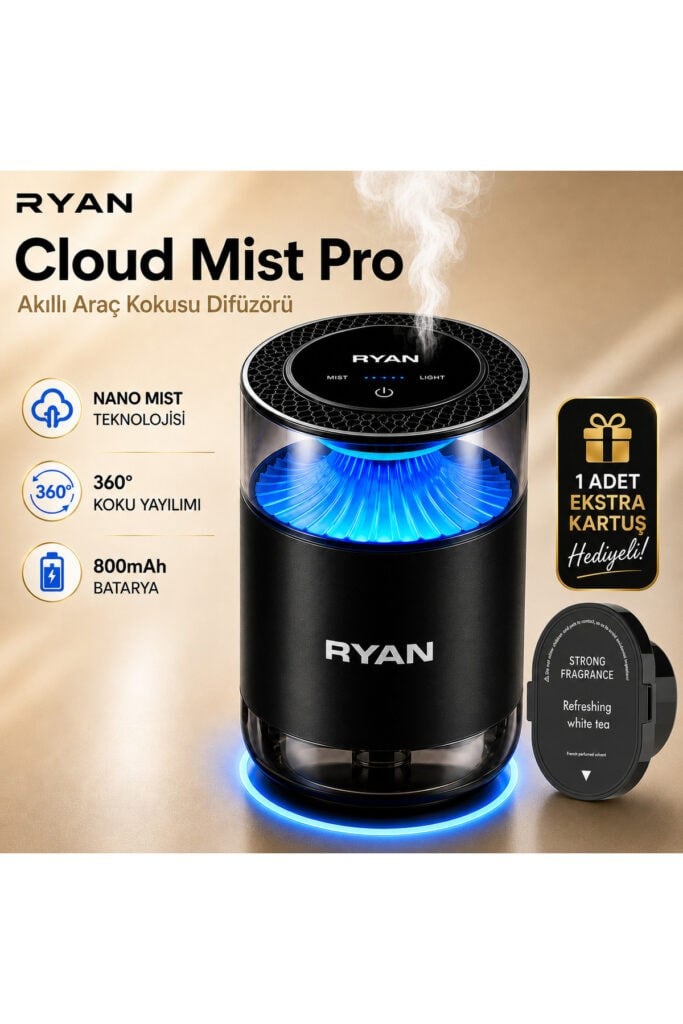Ryan Cloud Mist Pro Akıllı Araç İçi Koku Difüzörü – Nano Mist, 360° Koku Yayılımı, 7 Renk LED, 800 mAh, 2 Kartuşlu