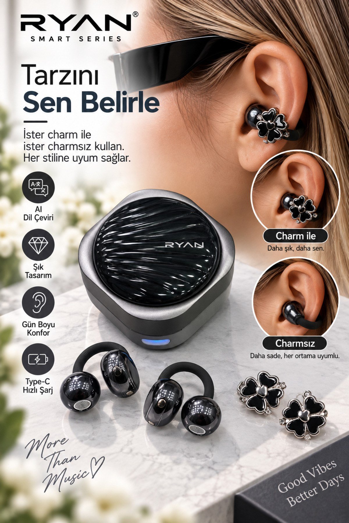 Ryan Dil Çevirili Kablosuz Bluetooth 5.3 Kulaklık ANC Gürültü Engelleme Açık Kulak Tasarım Charm Aksesuarlı – Siyah