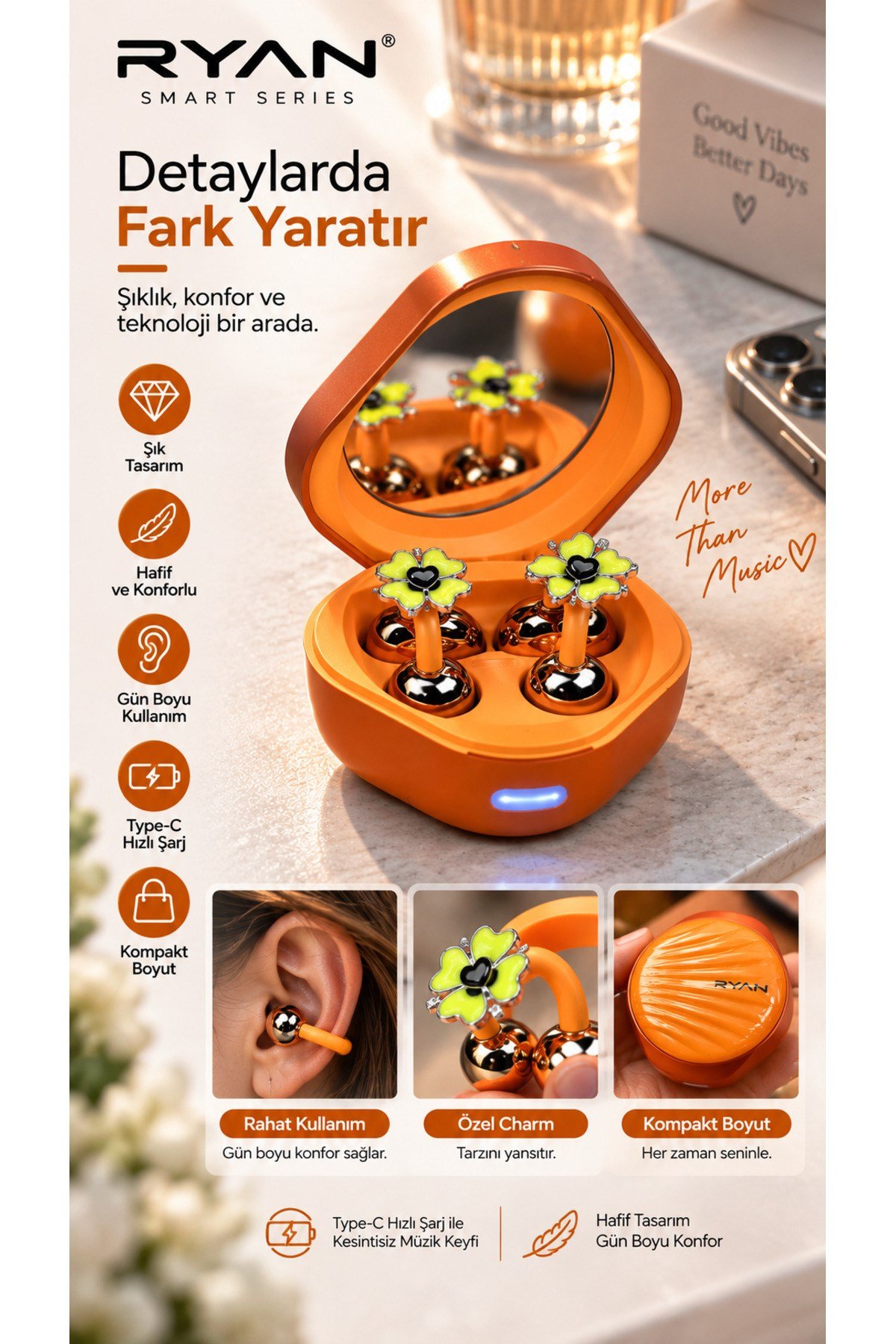 Ryan Dil Çevirili Kablosuz Bluetooth 5.3 Kulaklık ANC Gürültü Engelleme Açık Kulak Tasarım Charm Aksesuarlı – Turuncu