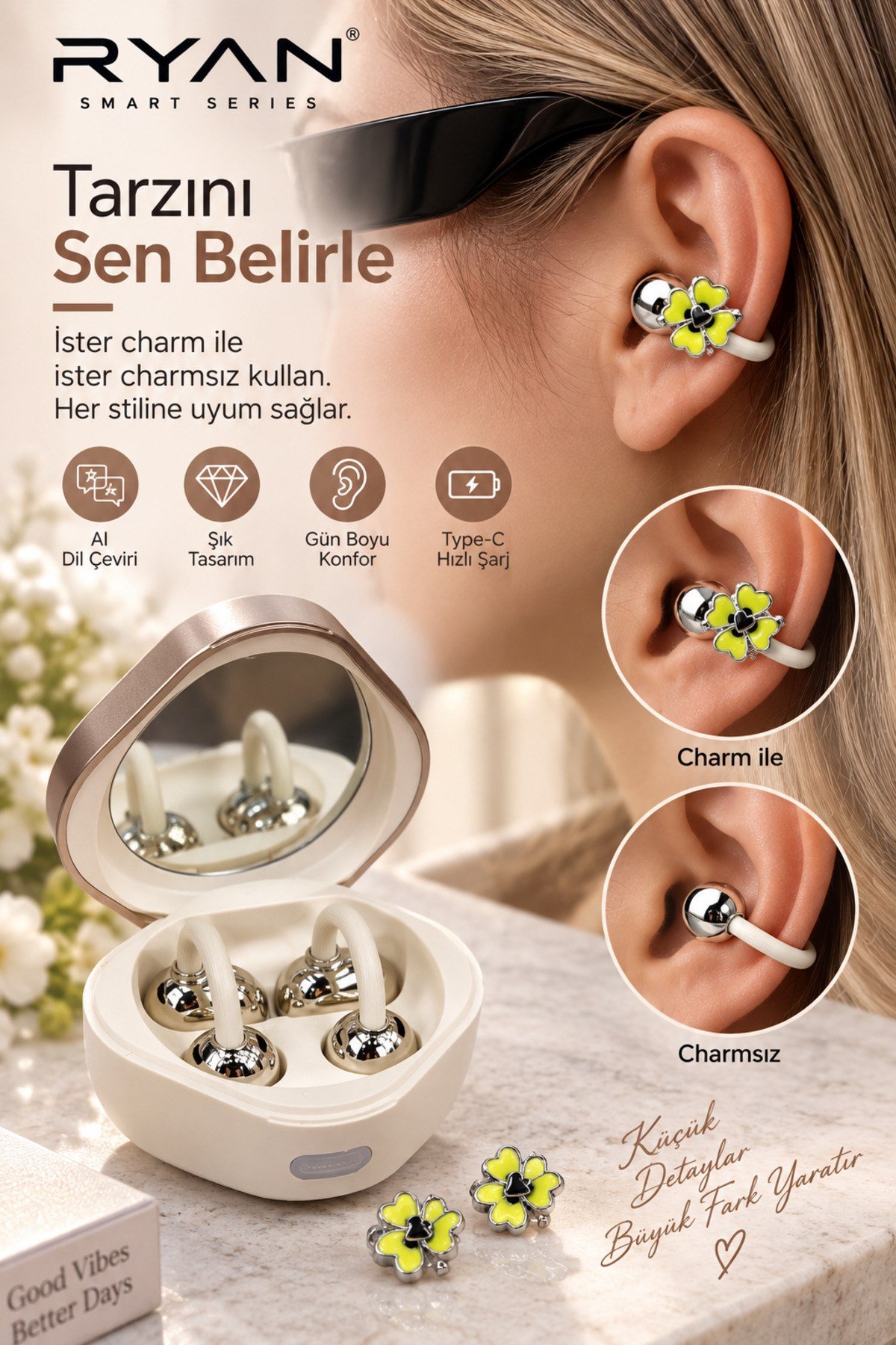 Ryan Dil Çevirili Kablosuz Bluetooth 5.3 Kulaklık ANC Gürültü Engelleme Açık Kulak Tasarım Charm Aksesuarlı – Bej