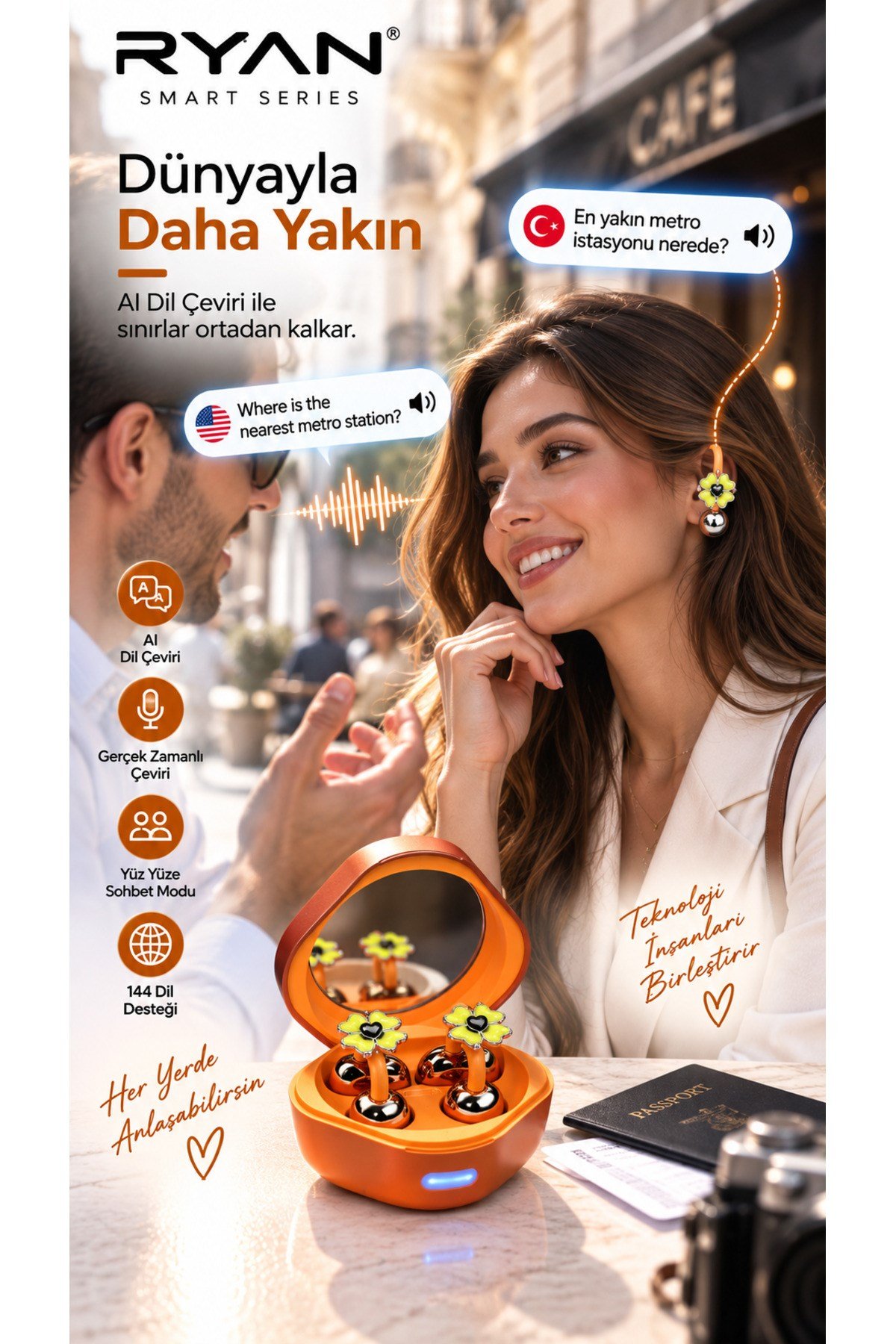 Ryan Dil Çevirili Kablosuz Bluetooth 5.3 Kulaklık ANC Gürültü Engelleme Açık Kulak Tasarım Charm Aksesuarlı – Turuncu