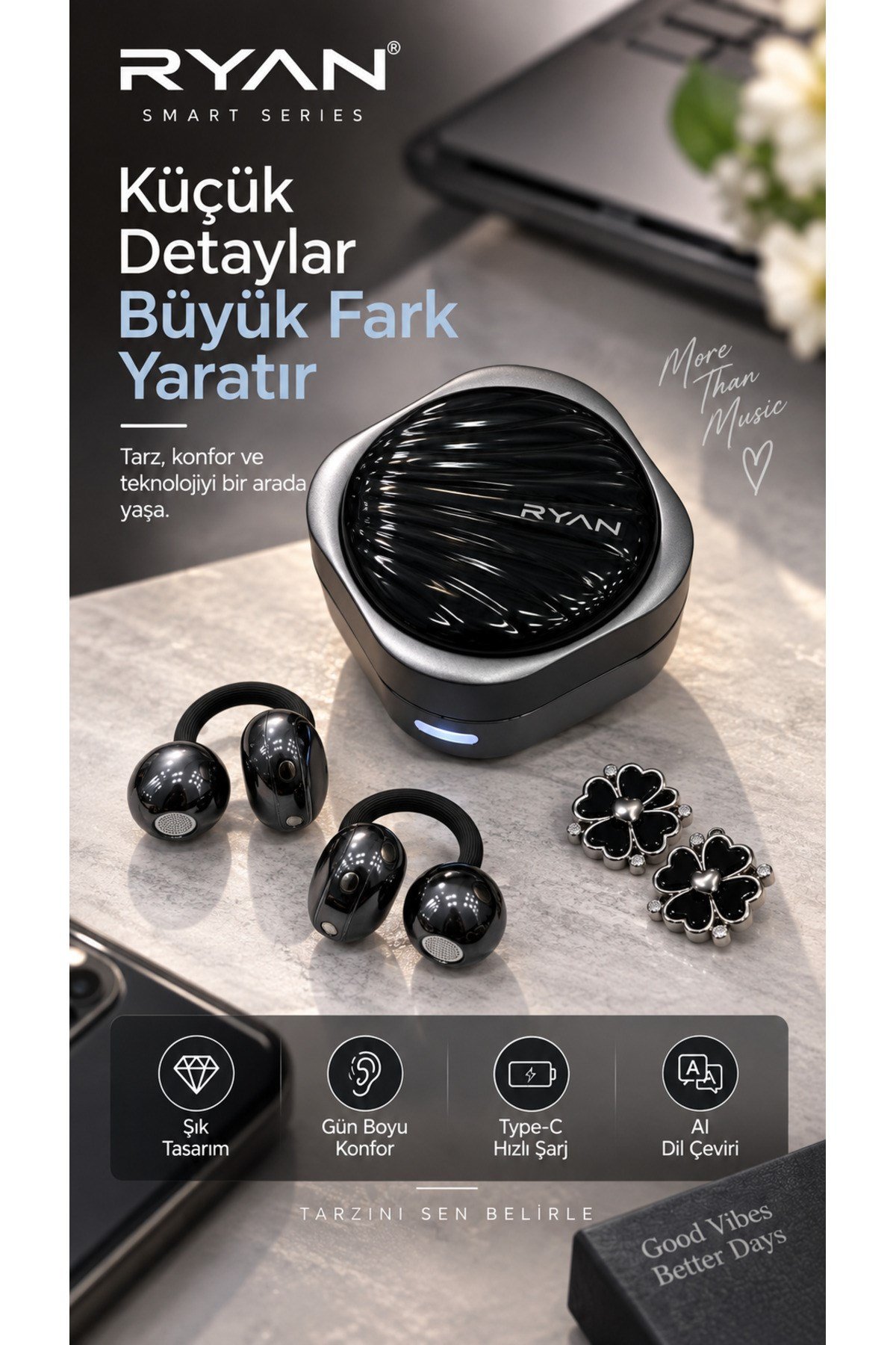 Ryan Dil Çevirili Kablosuz Bluetooth 5.3 Kulaklık ANC Gürültü Engelleme Açık Kulak Tasarım Charm Aksesuarlı – Siyah