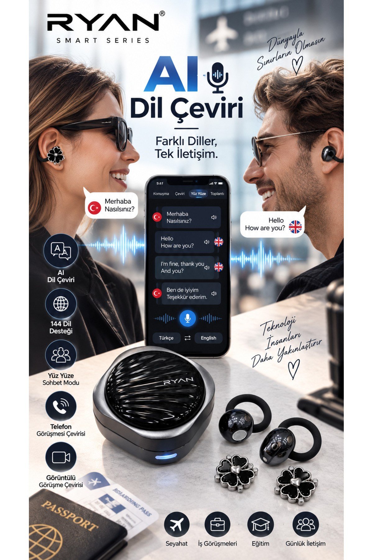 Ryan Dil Çevirili Kablosuz Bluetooth 5.3 Kulaklık ANC Gürültü Engelleme Açık Kulak Tasarım Charm Aksesuarlı – Siyah