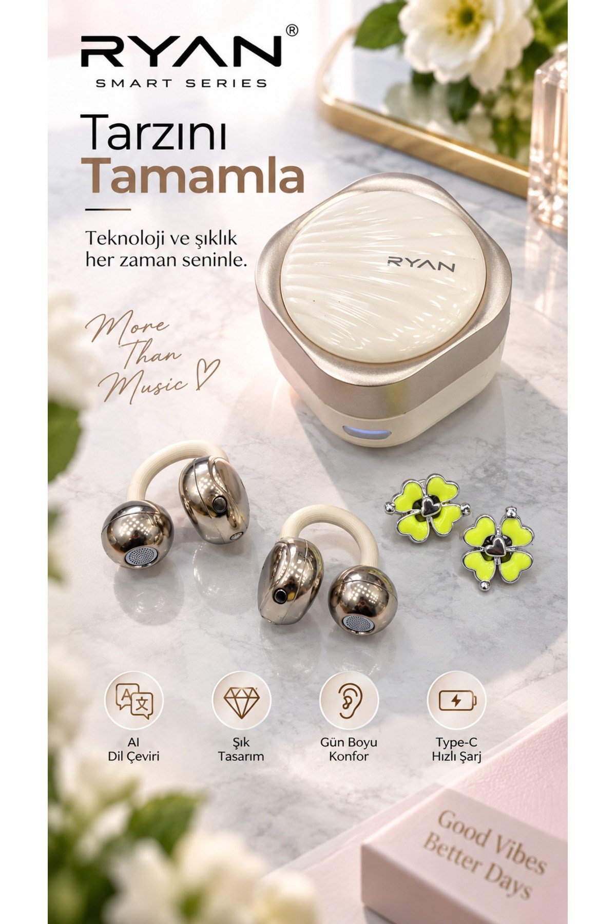 Ryan Dil Çevirili Kablosuz Bluetooth 5.3 Kulaklık ANC Gürültü Engelleme Açık Kulak Tasarım Charm Aksesuarlı – Bej