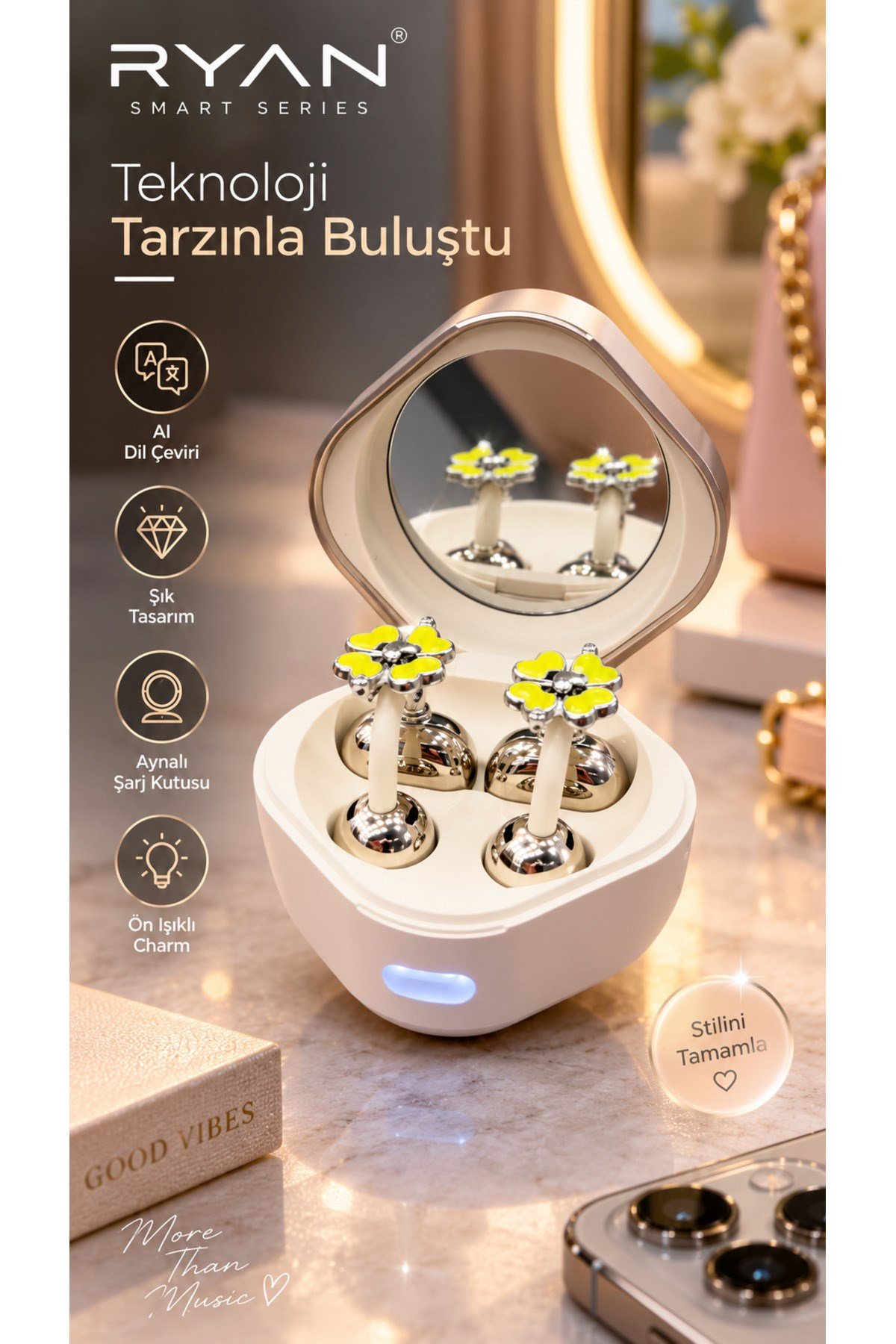 Ryan Dil Çevirili Kablosuz Bluetooth 5.3 Kulaklık ANC Gürültü Engelleme Açık Kulak Tasarım Charm Aksesuarlı – Bej