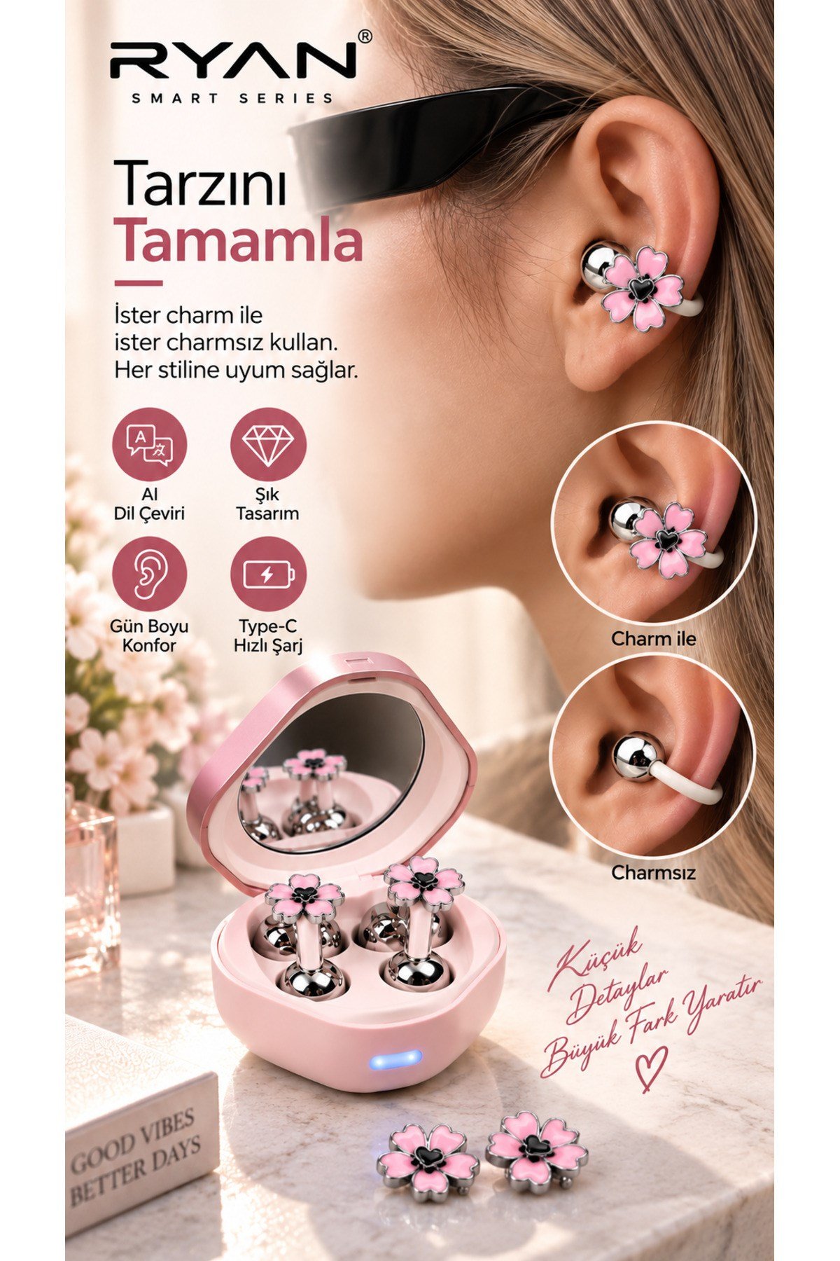 Ryan Dil Çevirili Kablosuz Bluetooth 5.3 Kulaklık ANC Gürültü Engelleme Açık Kulak Tasarım Charm Aksesuarlı – Pembe
