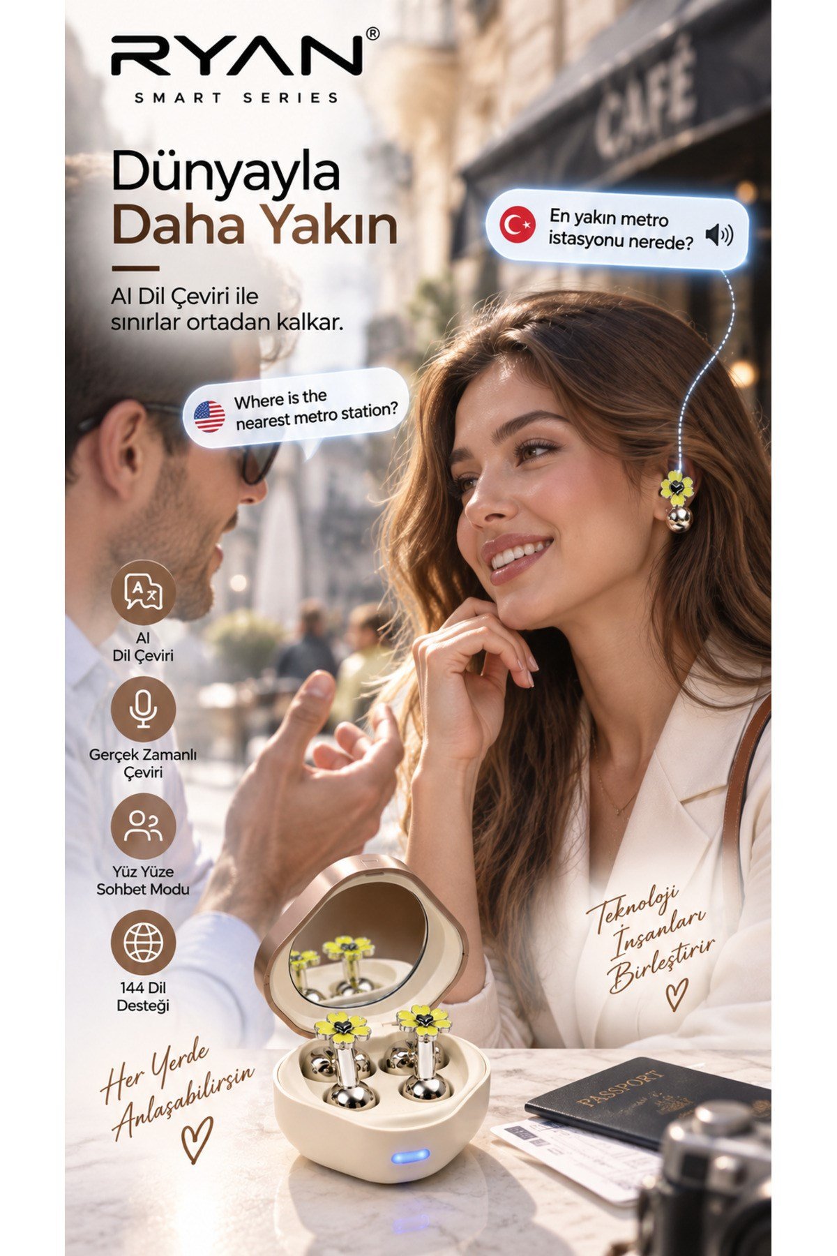 Ryan Dil Çevirili Kablosuz Bluetooth 5.3 Kulaklık ANC Gürültü Engelleme Açık Kulak Tasarım Charm Aksesuarlı – Bej