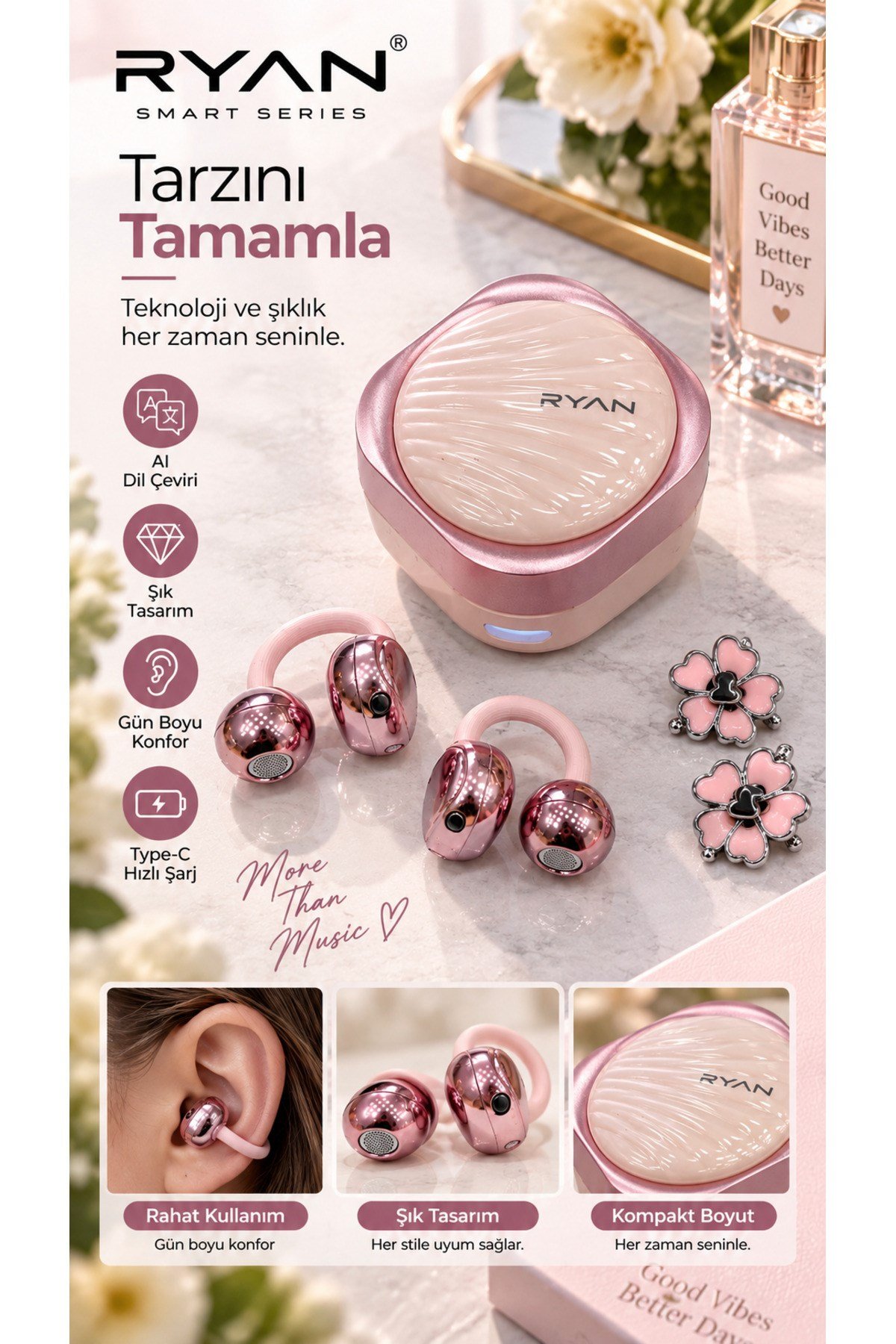 Ryan Dil Çevirili Kablosuz Bluetooth 5.3 Kulaklık ANC Gürültü Engelleme Açık Kulak Tasarım Charm Aksesuarlı – Pembe