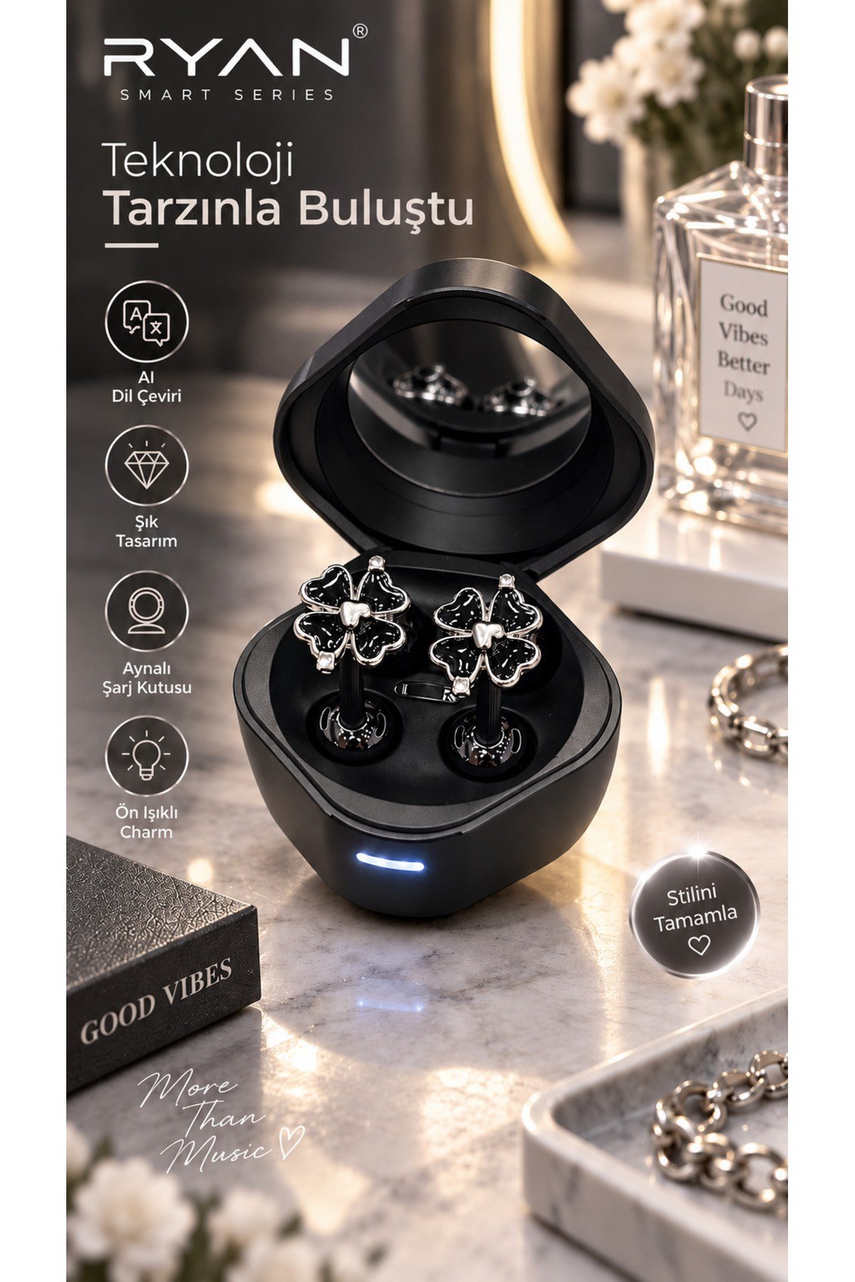Ryan Dil Çevirili Kablosuz Bluetooth 5.3 Kulaklık ANC Gürültü Engelleme Açık Kulak Tasarım Charm Aksesuarlı – Siyah