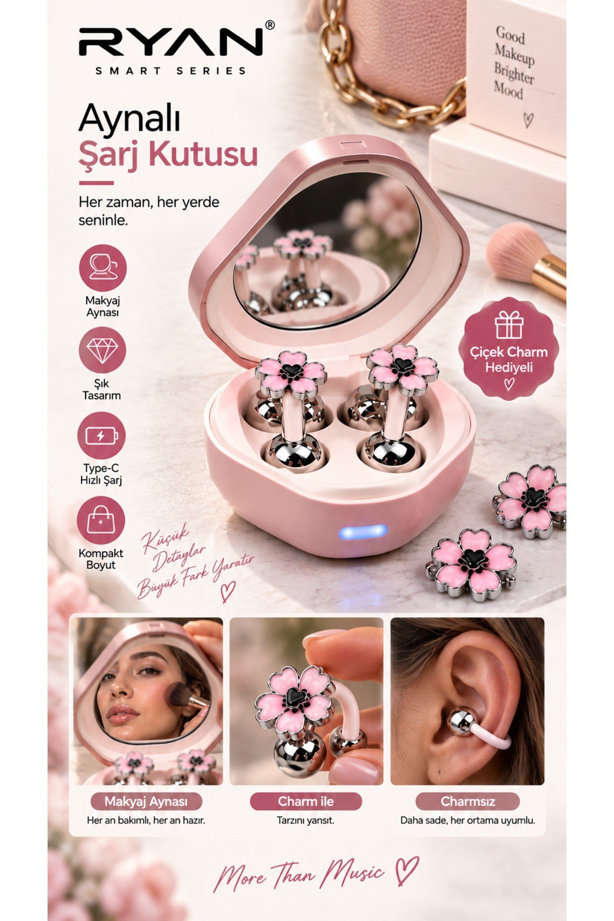 Ryan Dil Çevirili Kablosuz Bluetooth 5.3 Kulaklık ANC Gürültü Engelleme Açık Kulak Tasarım Charm Aksesuarlı – Pembe
