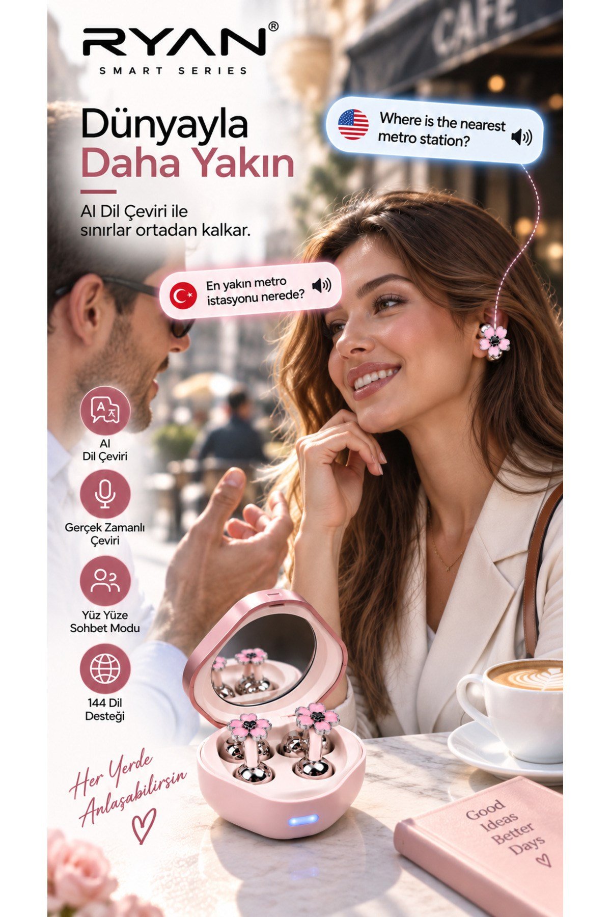 Ryan Dil Çevirili Kablosuz Bluetooth 5.3 Kulaklık ANC Gürültü Engelleme Açık Kulak Tasarım Charm Aksesuarlı – Pembe