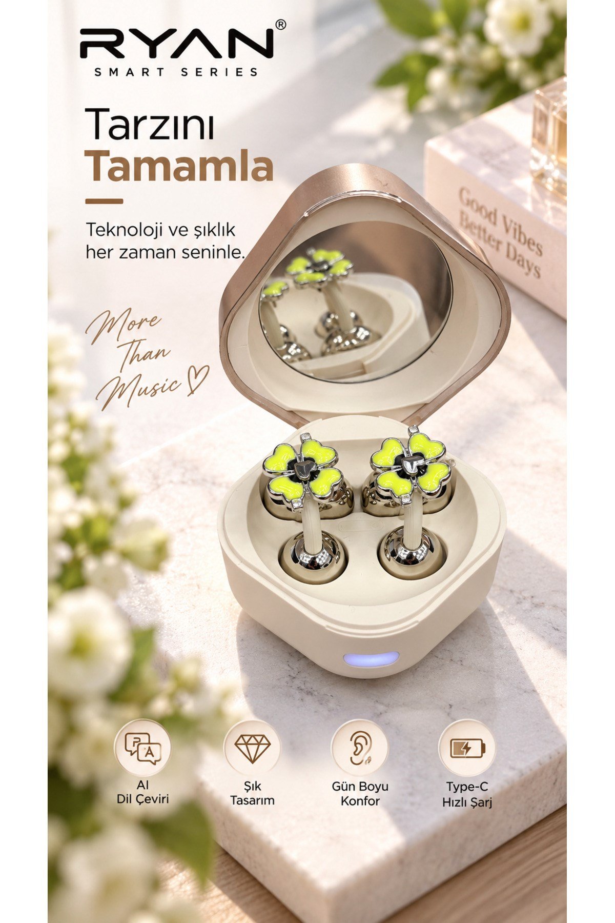 Ryan Dil Çevirili Kablosuz Bluetooth 5.3 Kulaklık ANC Gürültü Engelleme Açık Kulak Tasarım Charm Aksesuarlı – Bej
