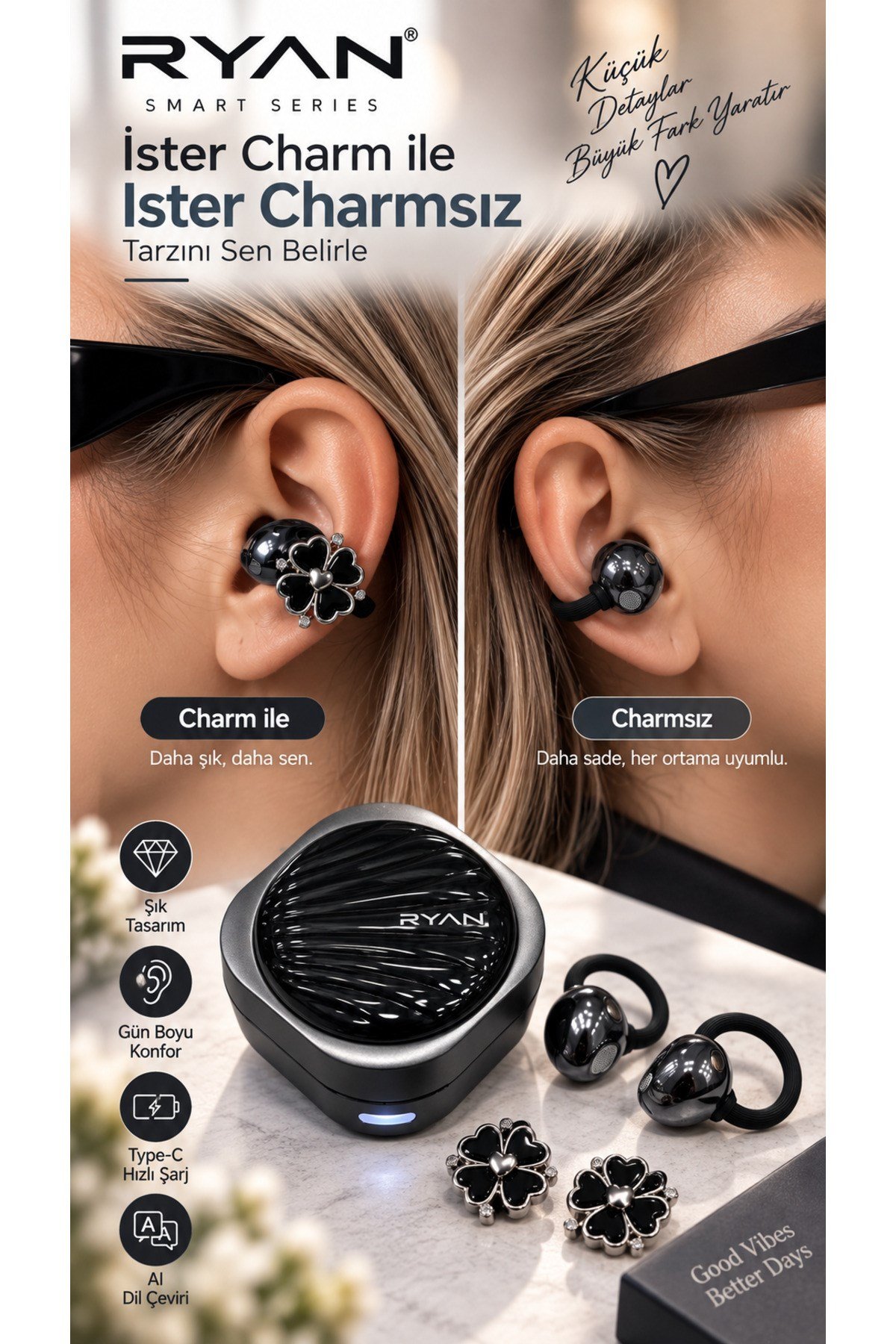 Ryan Dil Çevirili Kablosuz Bluetooth 5.3 Kulaklık ANC Gürültü Engelleme Açık Kulak Tasarım Charm Aksesuarlı – Siyah