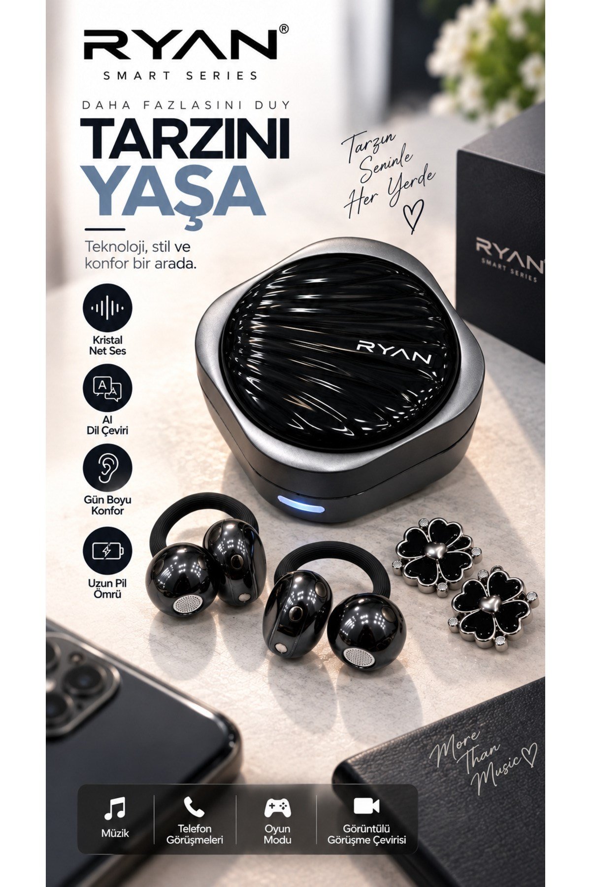 Ryan Dil Çevirili Kablosuz Bluetooth 5.3 Kulaklık ANC Gürültü Engelleme Açık Kulak Tasarım Charm Aksesuarlı – Siyah