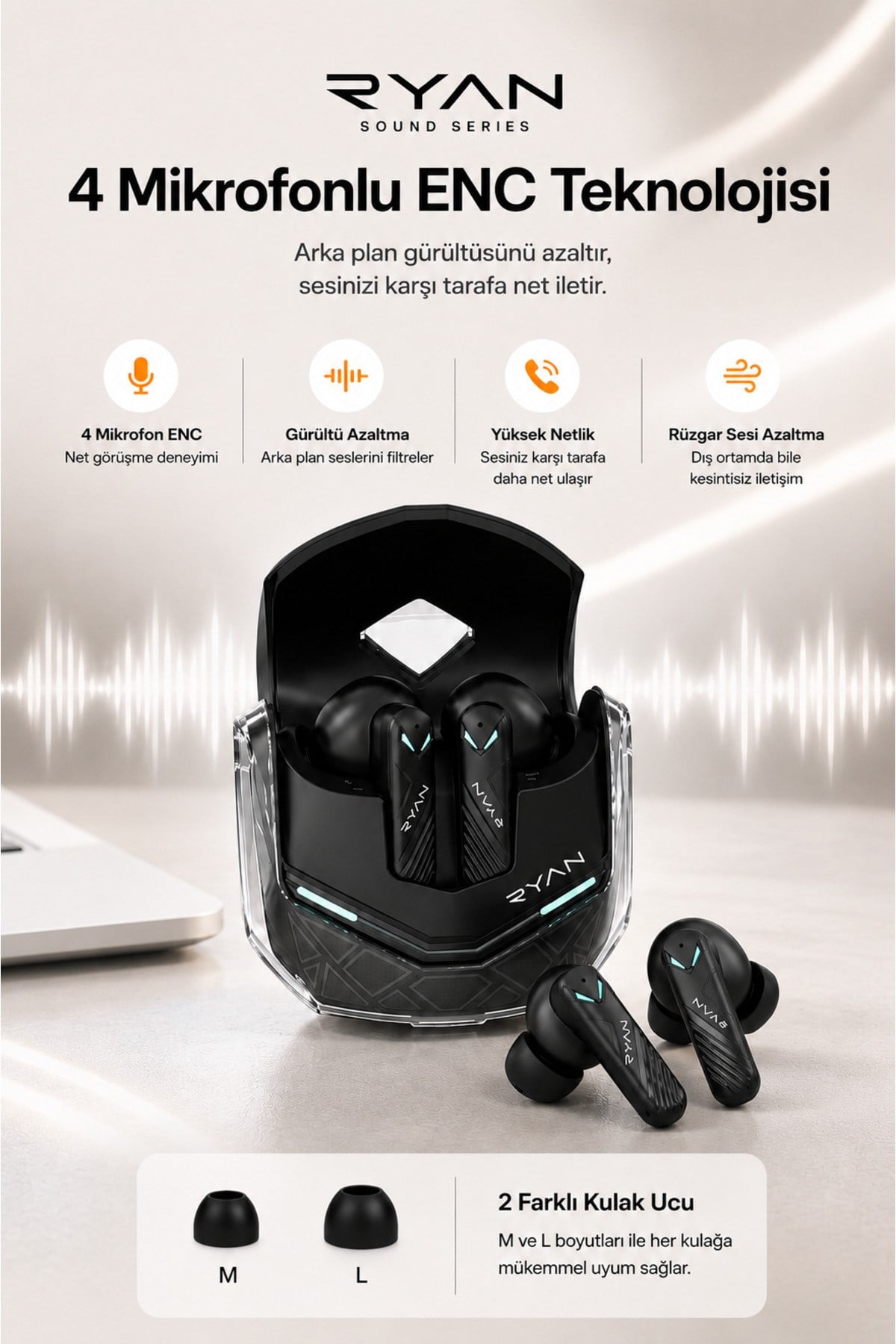 Ryan Pro ANC ENC Kablosuz Bluetooth 5.3 Kulaklık 4 Mikrofonlu Gürültü Engelleme Düşük Gecikme Oyun Modu – Siyah