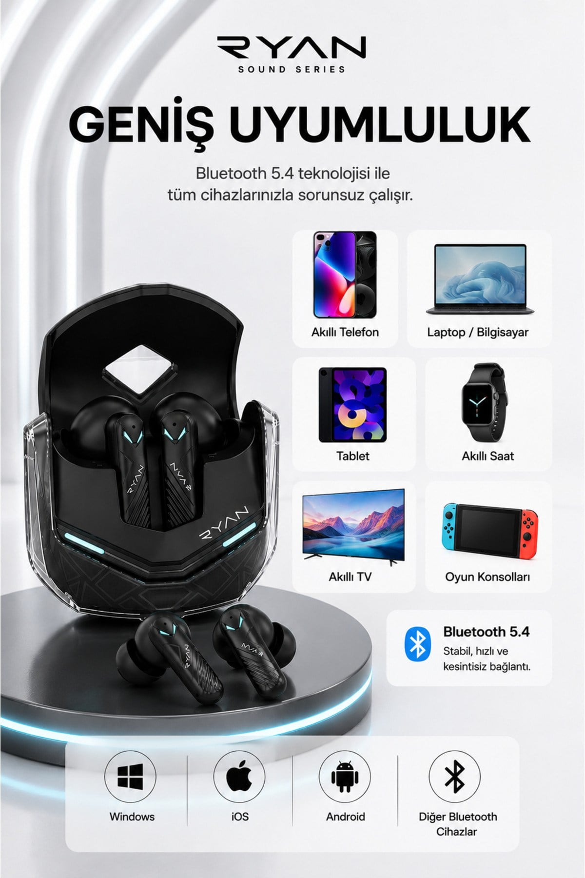Ryan Pro ANC ENC Kablosuz Bluetooth 5.3 Kulaklık 4 Mikrofonlu Gürültü Engelleme Düşük Gecikme Oyun Modu – Siyah
