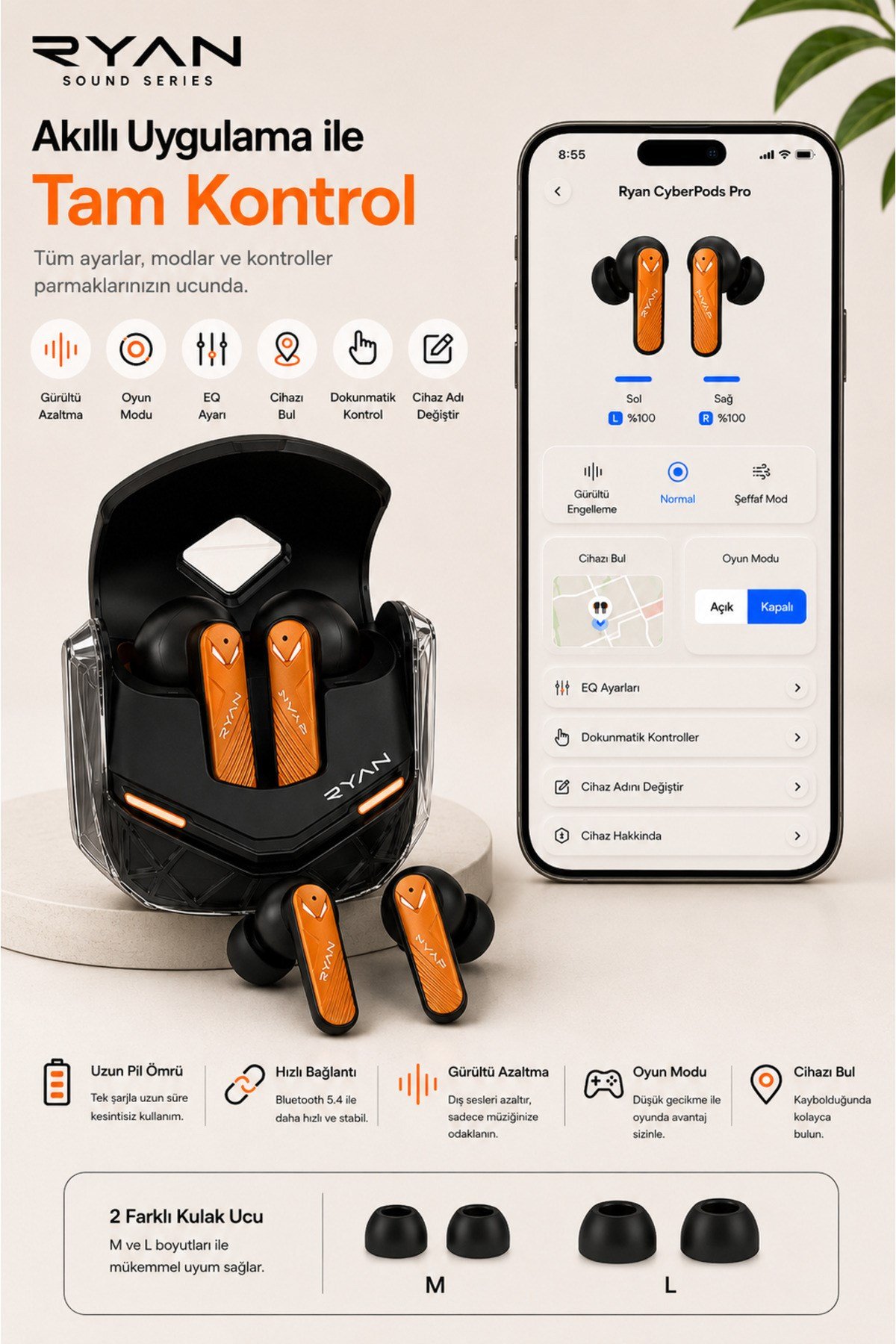 Ryan Pro ANC ENC Kablosuz Bluetooth 5.3 Kulaklık 4 Mikrofonlu Gürültü Engelleme Düşük Gecikme Oyun Modu – Turuncu