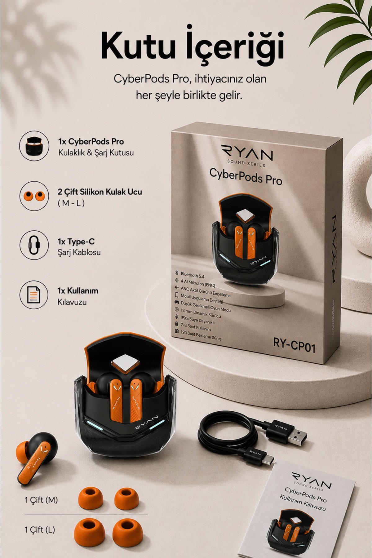 Ryan Pro ANC ENC Kablosuz Bluetooth 5.3 Kulaklık 4 Mikrofonlu Gürültü Engelleme Düşük Gecikme Oyun Modu – Turuncu