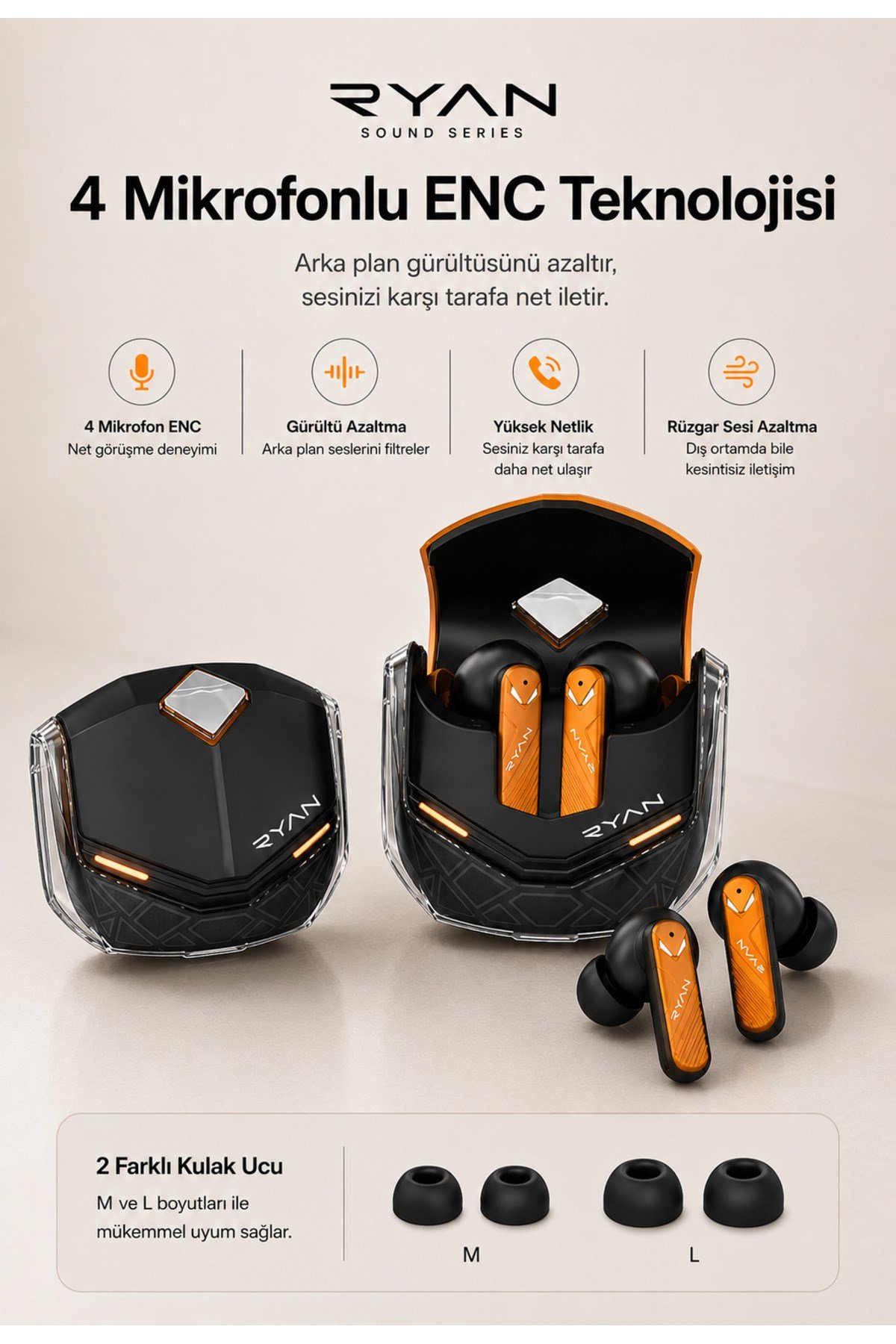 Ryan Pro ANC ENC Kablosuz Bluetooth 5.3 Kulaklık 4 Mikrofonlu Gürültü Engelleme Düşük Gecikme Oyun Modu – Turuncu