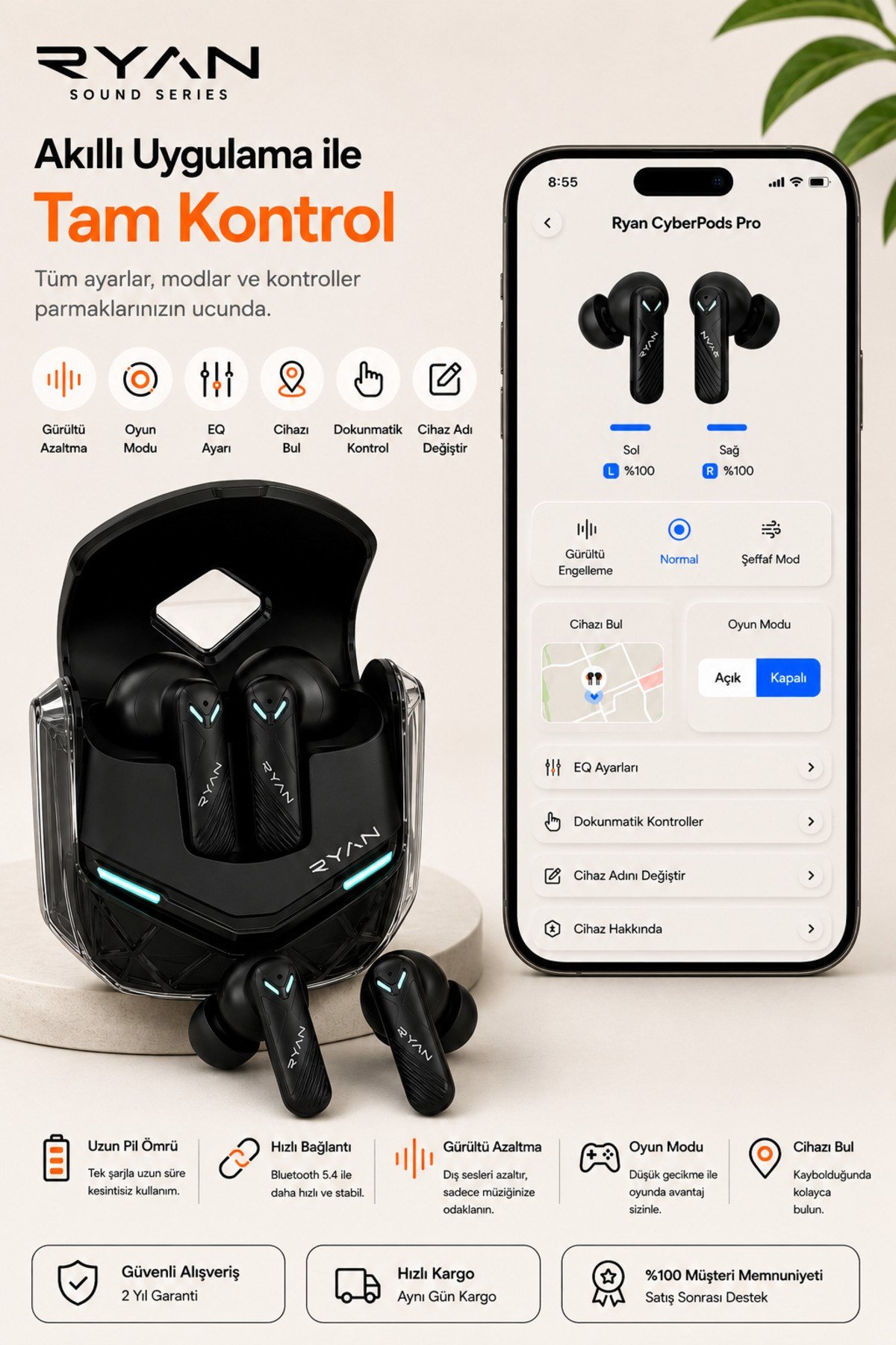 Ryan Pro ANC ENC Kablosuz Bluetooth 5.3 Kulaklık 4 Mikrofonlu Gürültü Engelleme Düşük Gecikme Oyun Modu – Siyah