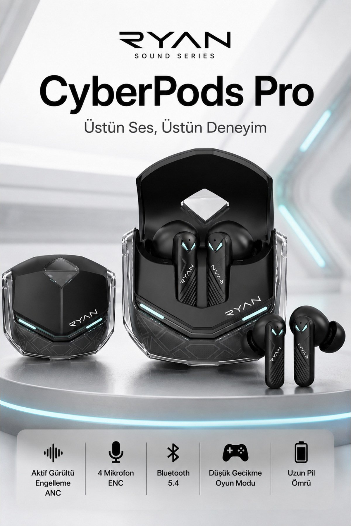 Ryan Pro ANC ENC Kablosuz Bluetooth 5.3 Kulaklık 4 Mikrofonlu Gürültü Engelleme Düşük Gecikme Oyun Modu – Siyah