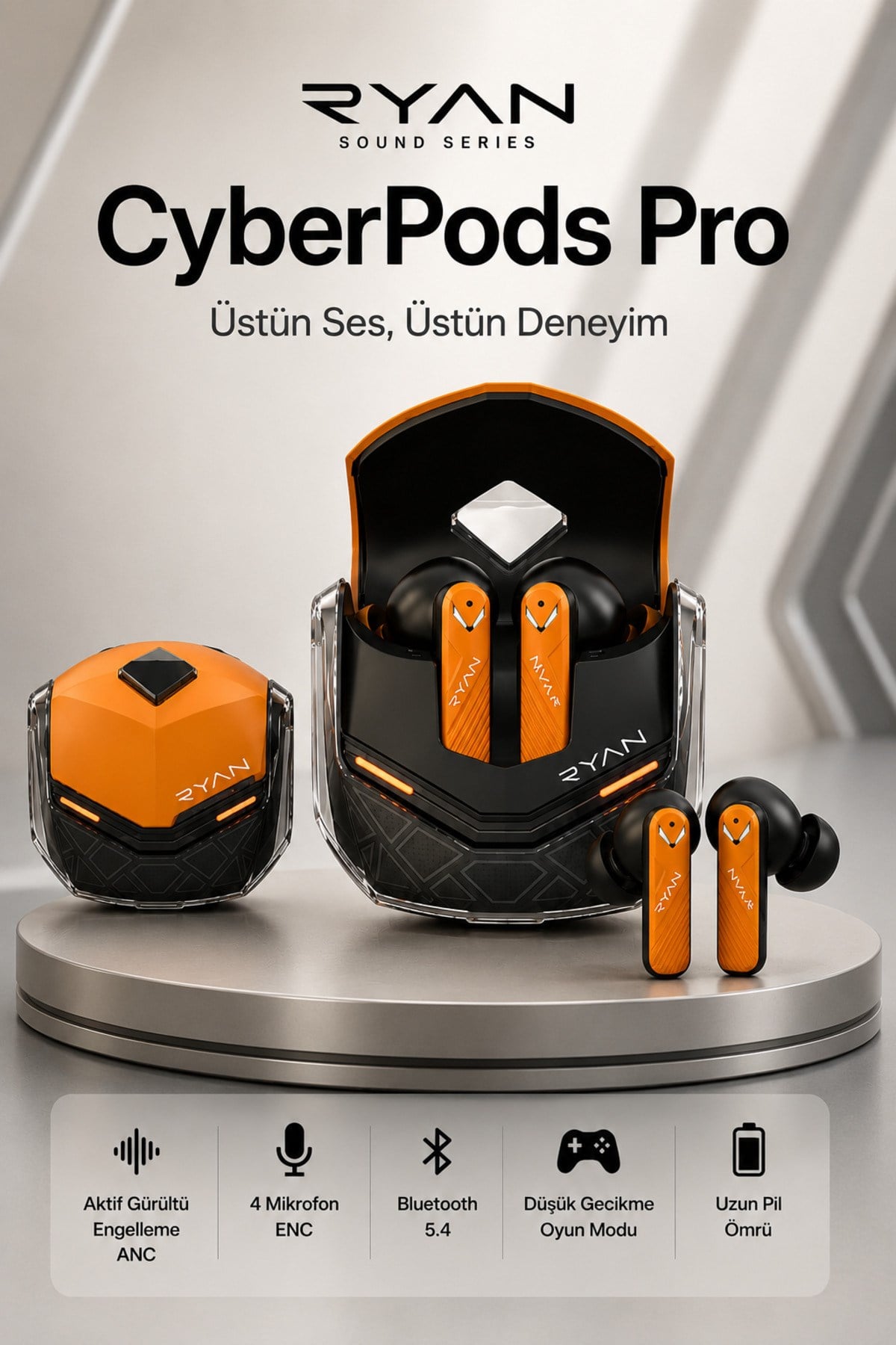 Ryan Pro ANC ENC Kablosuz Bluetooth 5.3 Kulaklık 4 Mikrofonlu Gürültü Engelleme Düşük Gecikme Oyun Modu – Turuncu