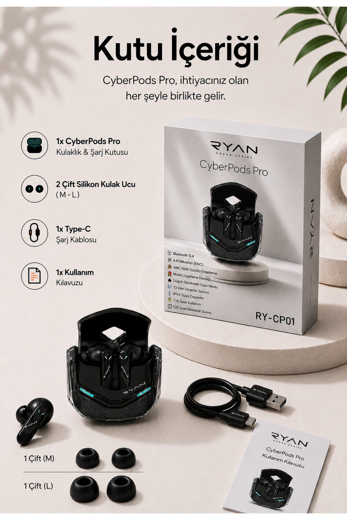 Ryan Pro ANC ENC Kablosuz Bluetooth 5.3 Kulaklık 4 Mikrofonlu Gürültü Engelleme Düşük Gecikme Oyun Modu – Siyah