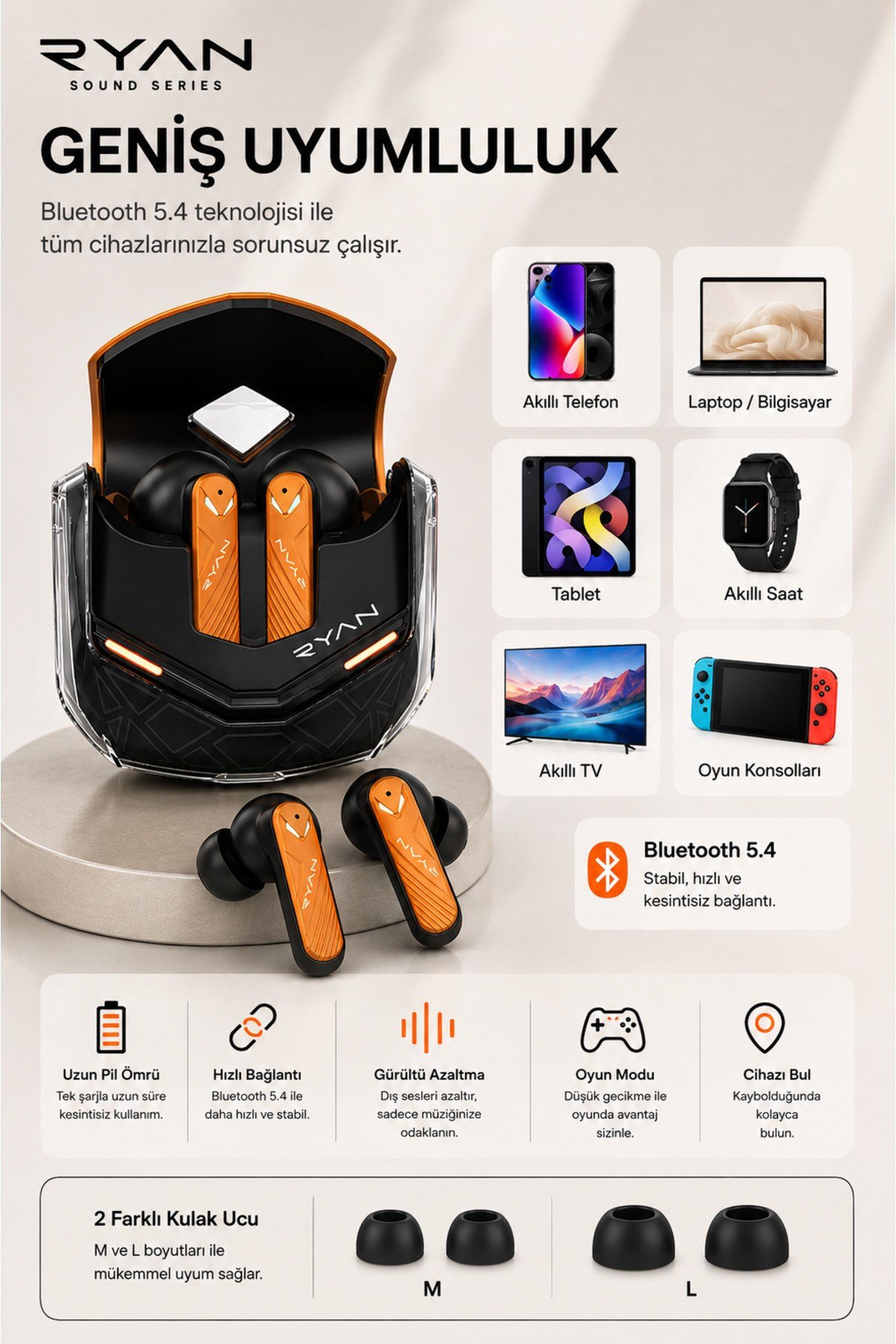 Ryan Pro ANC ENC Kablosuz Bluetooth 5.3 Kulaklık 4 Mikrofonlu Gürültü Engelleme Düşük Gecikme Oyun Modu – Turuncu