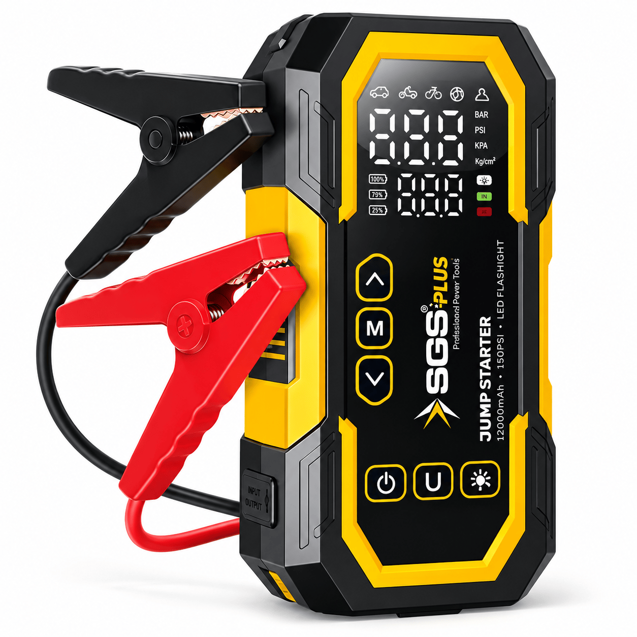 SGS Plus SGS5399 4'ü 1 Arada Akım Korumalı Akü Takviye Cihazı – 12.000 mAh Powerbank, 150 PSI Lastik Şişirme, LED Fener