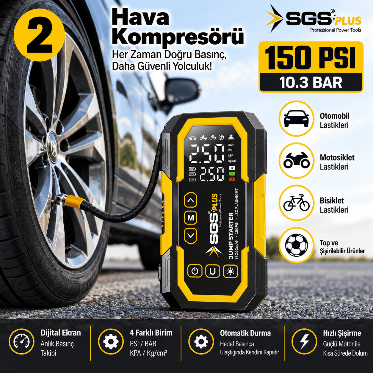 SGS Plus SGS5399 4'ü 1 Arada Akım Korumalı Akü Takviye Cihazı – 12.000 mAh Powerbank, 150 PSI Lastik Şişirme, LED Fener