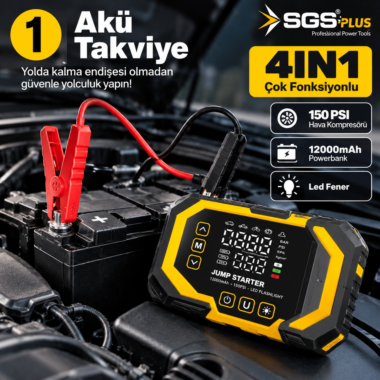 SGS Plus SGS5399 4'ü 1 Arada Akım Korumalı Akü Takviye Cihazı – 12.000 mAh Powerbank, 150 PSI Lastik Şişirme, LED Fener