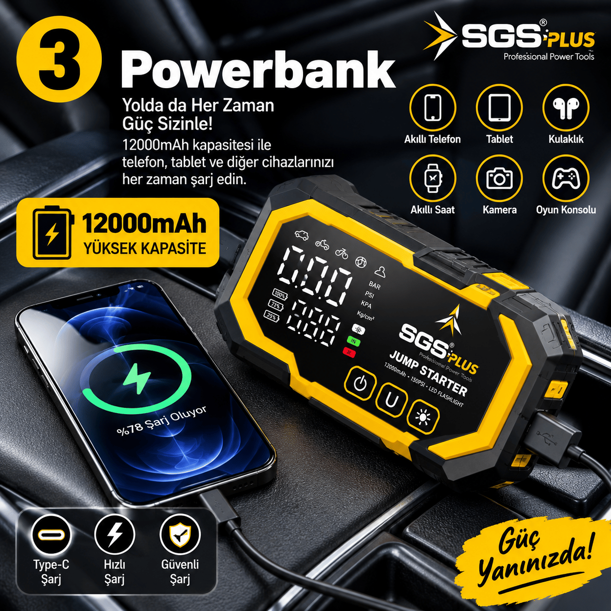 SGS Plus SGS5399 4'ü 1 Arada Akım Korumalı Akü Takviye Cihazı – 12.000 mAh Powerbank, 150 PSI Lastik Şişirme, LED Fener