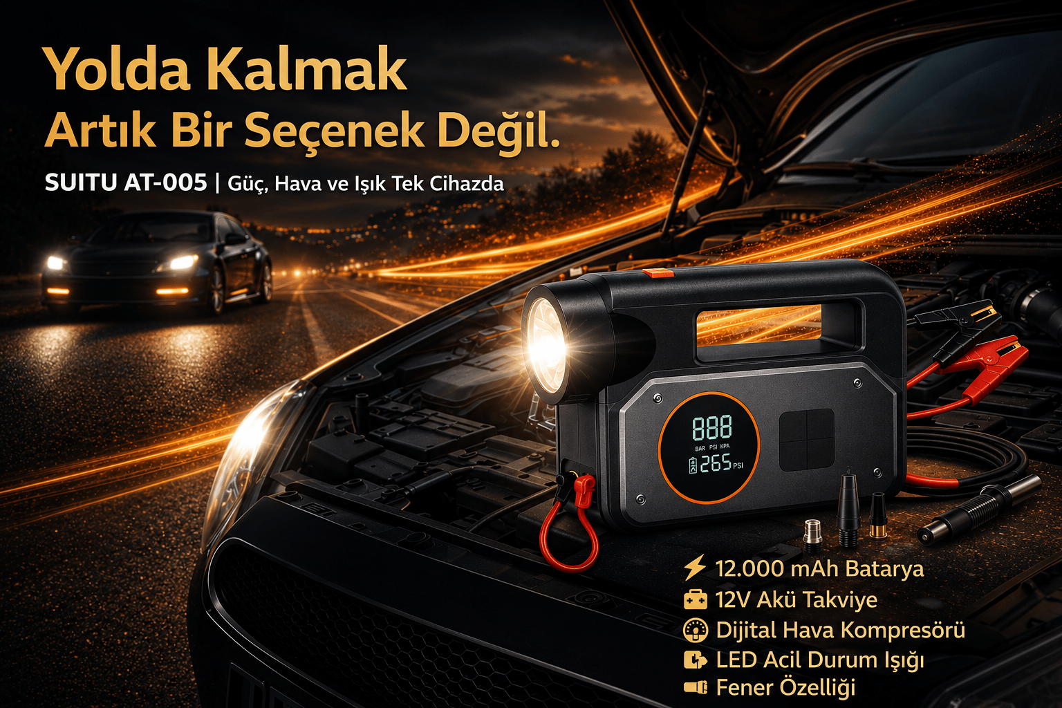 Suitu AT-005 12.000mAh Akü Takviye Cihazı | 4'ü 1 Arada Powerbank, Fener Hava Kompresörü, LCD Ekran, 150PSI